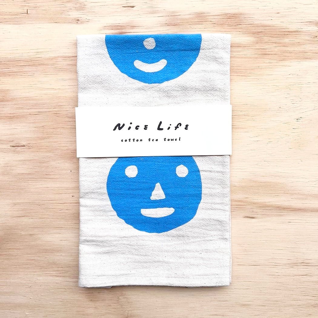 Big Blue Smiley Screen - Printed Tea Towel - bubblegum market