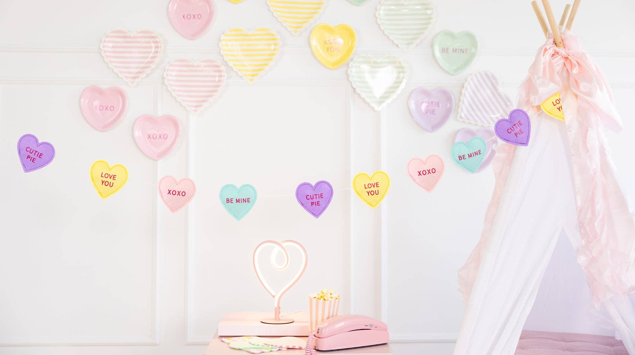 Conversation Hearts Valentine's Day Felt Banner - bubblegum market