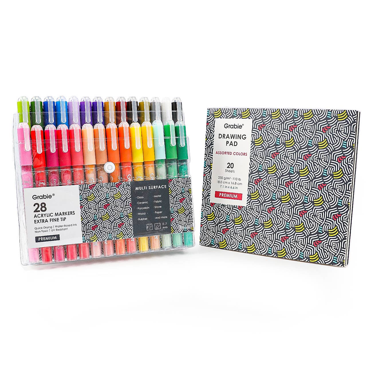 Grabie Extra Fine Tip Acrylic Paint Markers (28pc) + Drawing Pad - bubblegum market