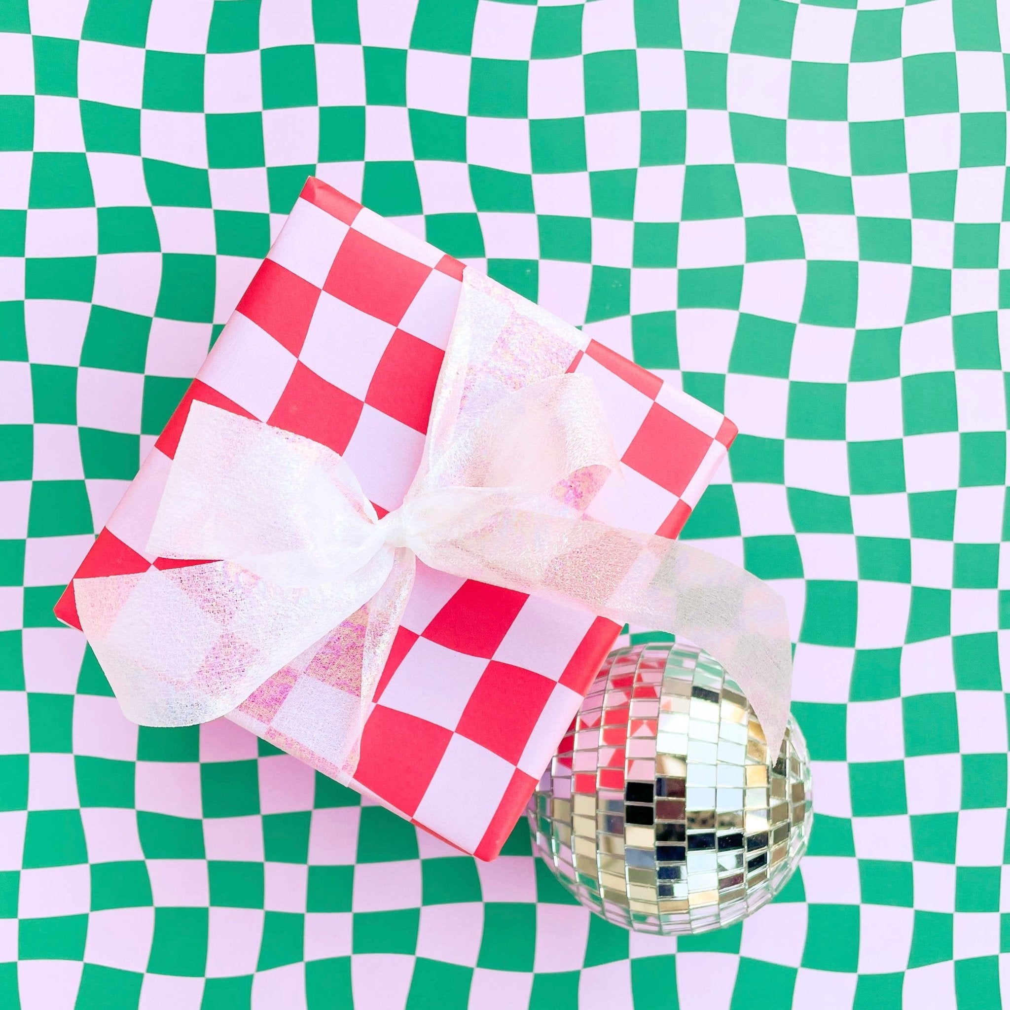 Green & Pink Checkered Holiday Wrapping Paper Sheets (Roll of 3) - bubblegum market
