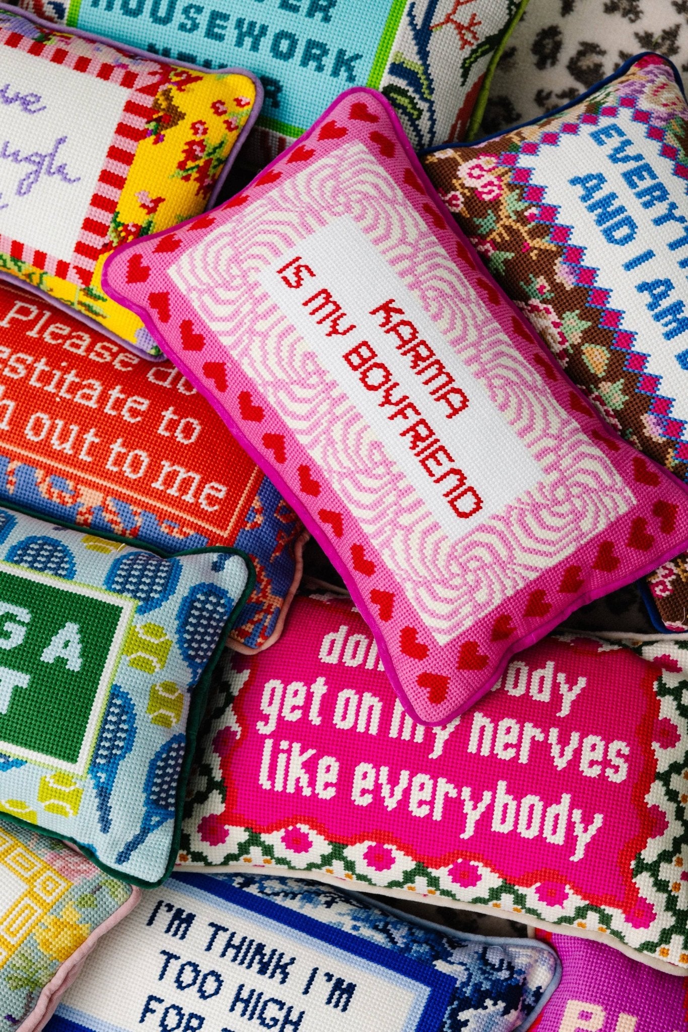 KARMA Needlepoint Pillow - bubblegum market