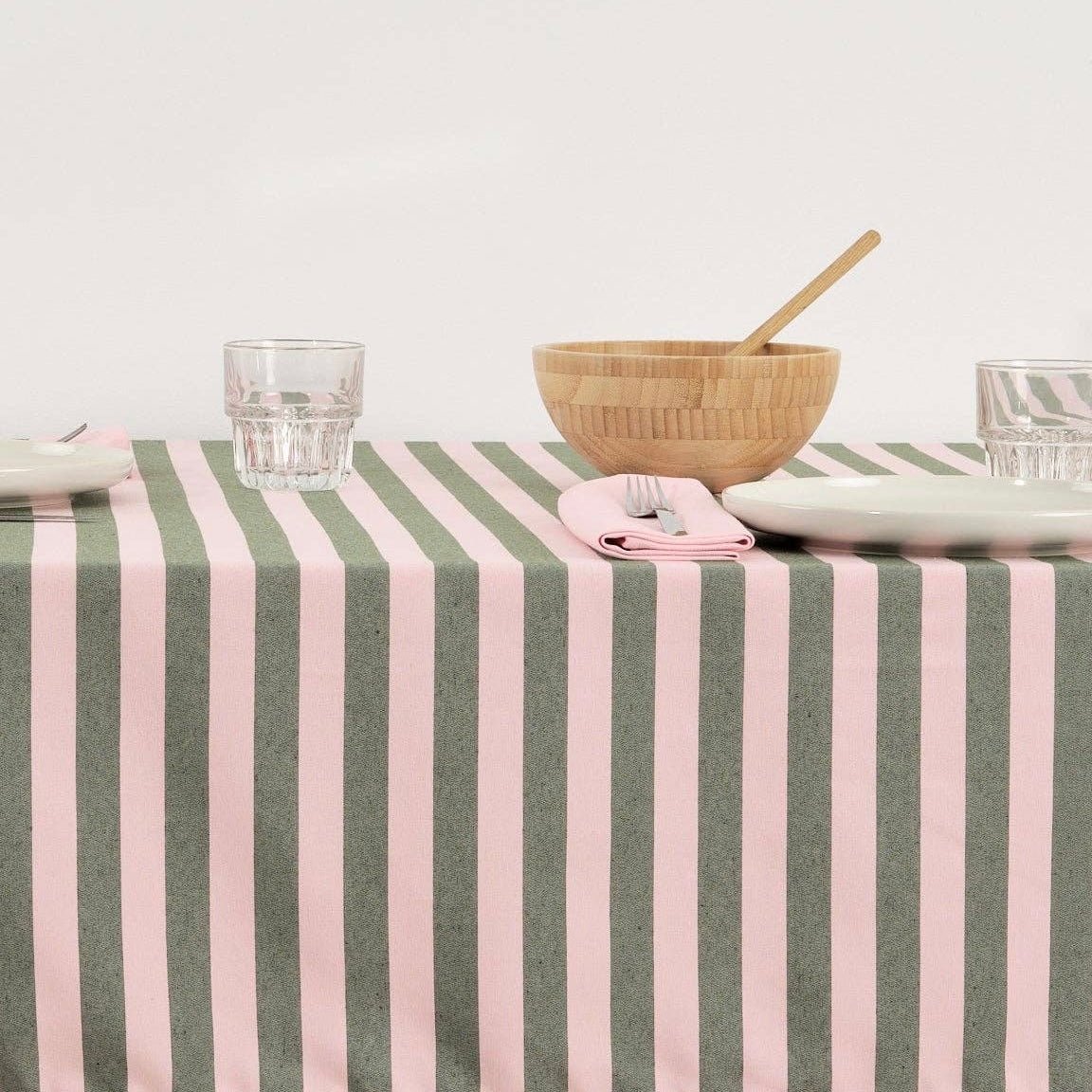 Light Pink / Sage Green Striped Tablecloth 118" - bubblegum market