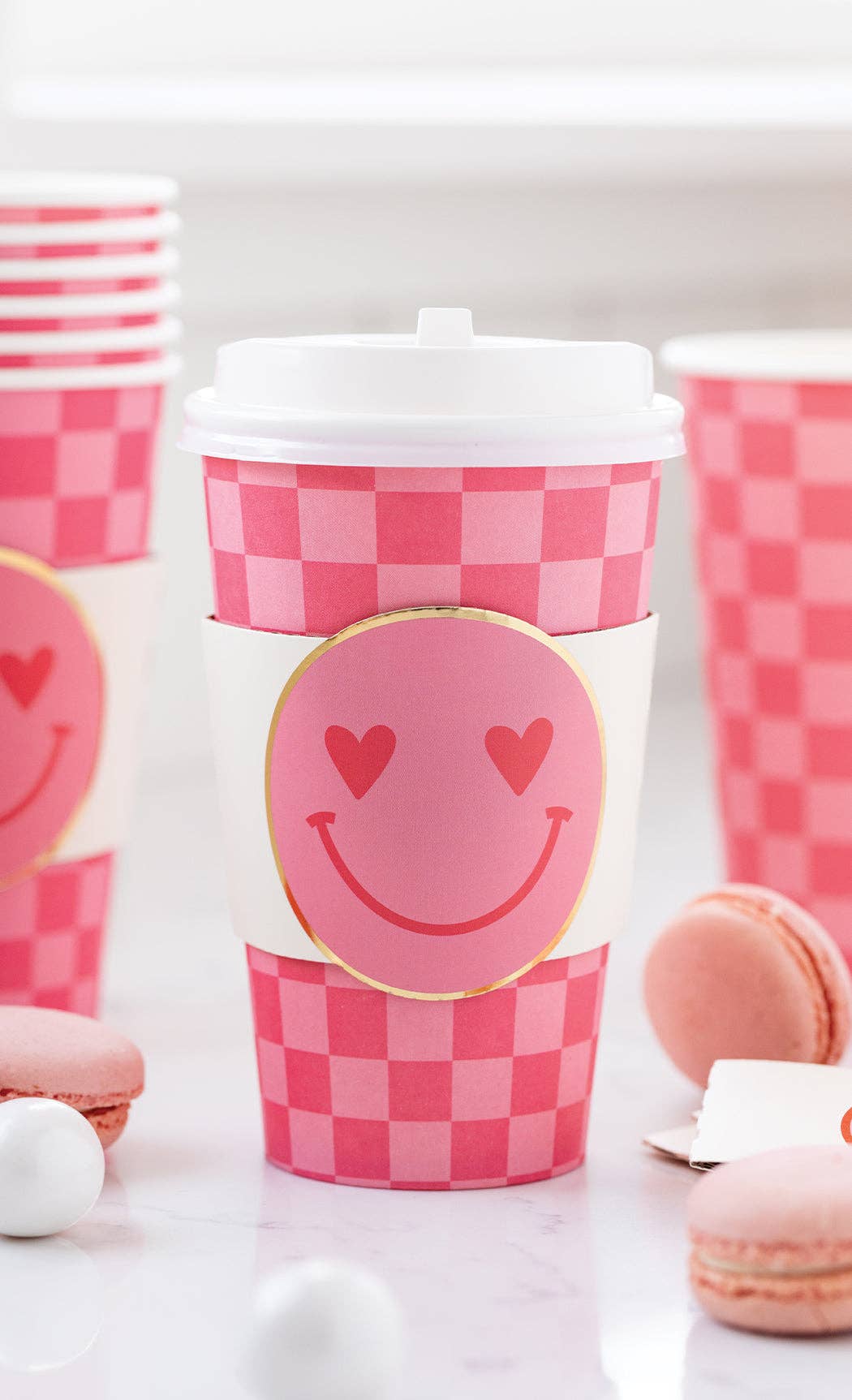 Pink Checker Smiley Face To Go Cups - bubblegum market