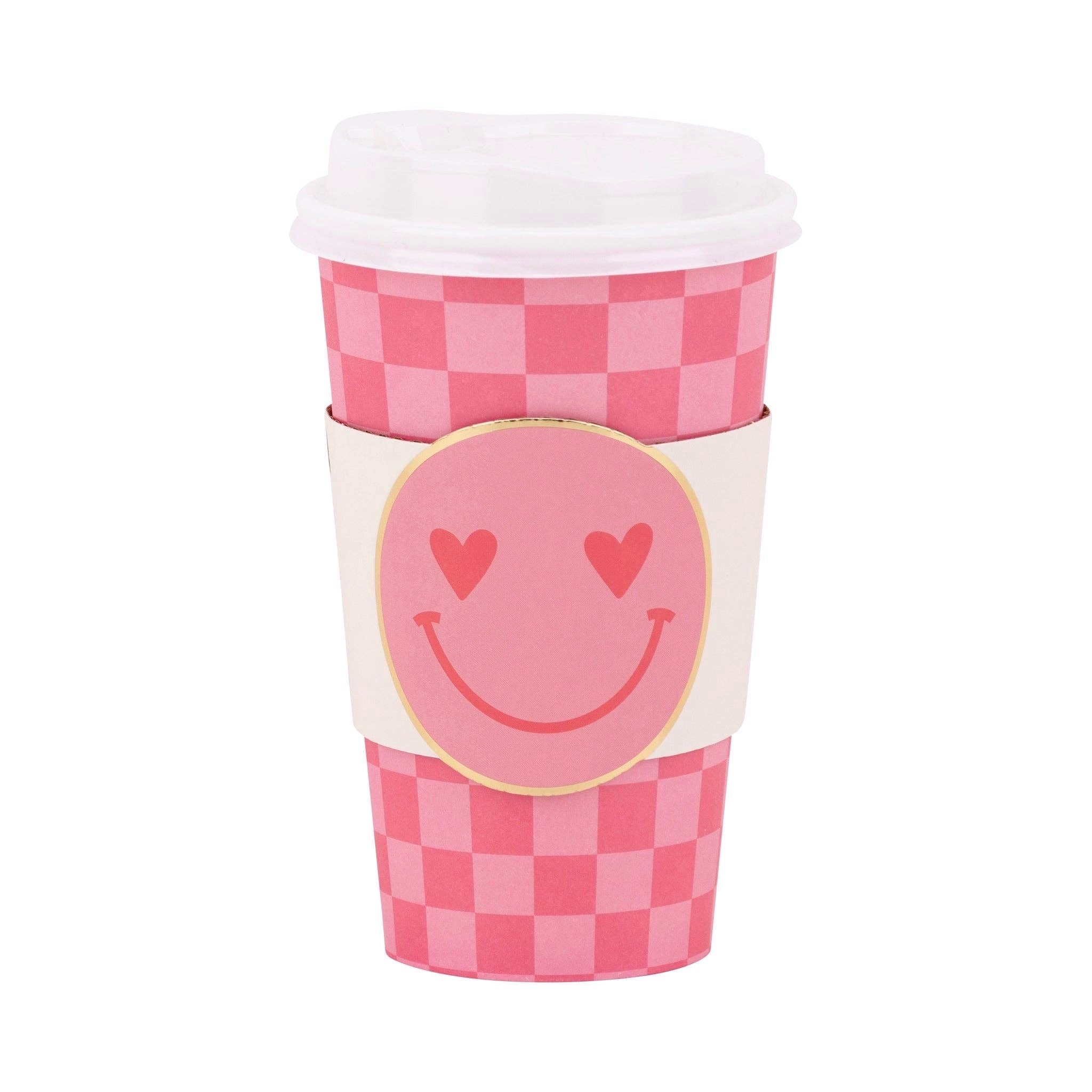 Pink Checker Smiley Face To Go Cups - bubblegum market