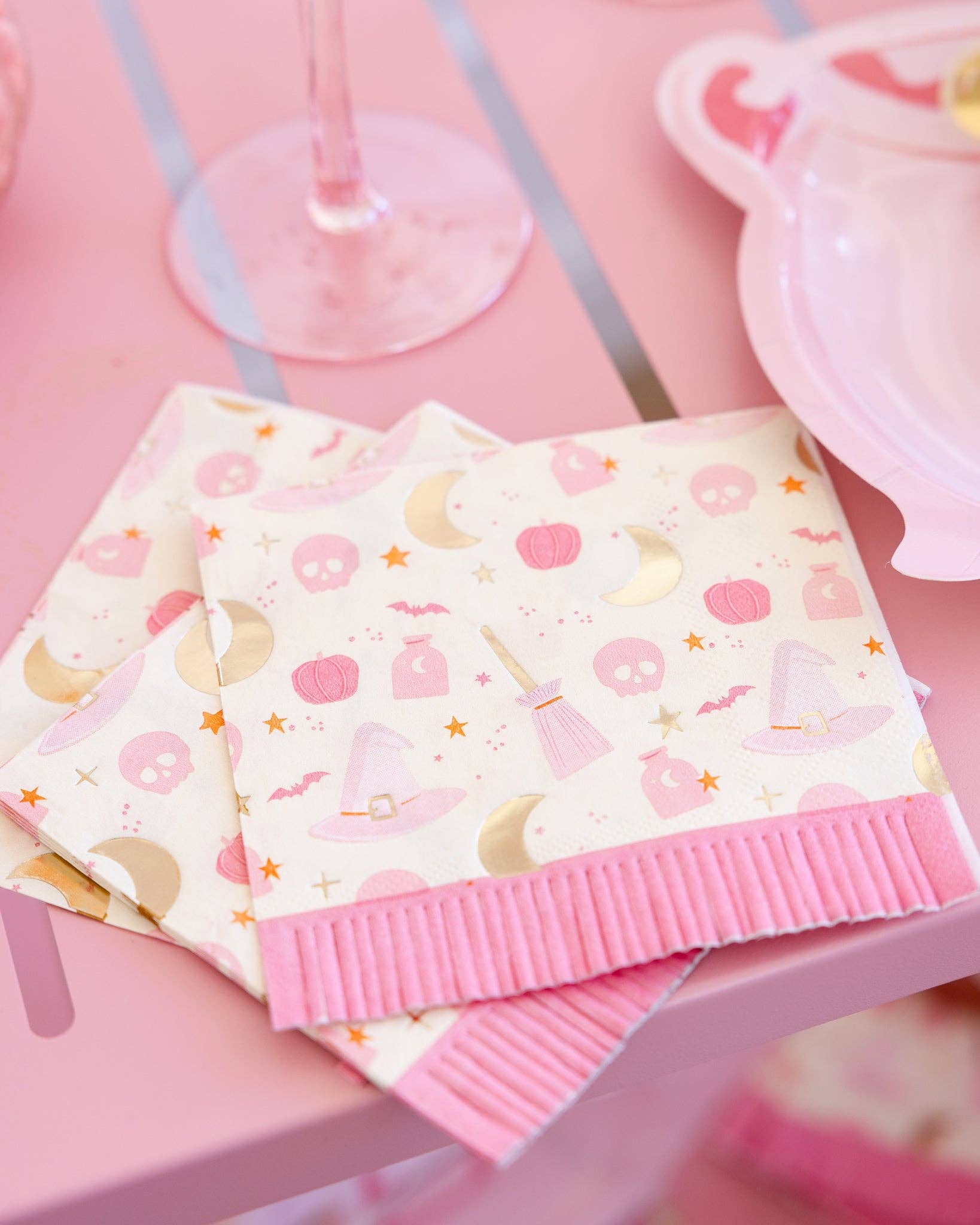 Pink Halloween Icons Fringe Cocktail Napkins - bubblegum market
