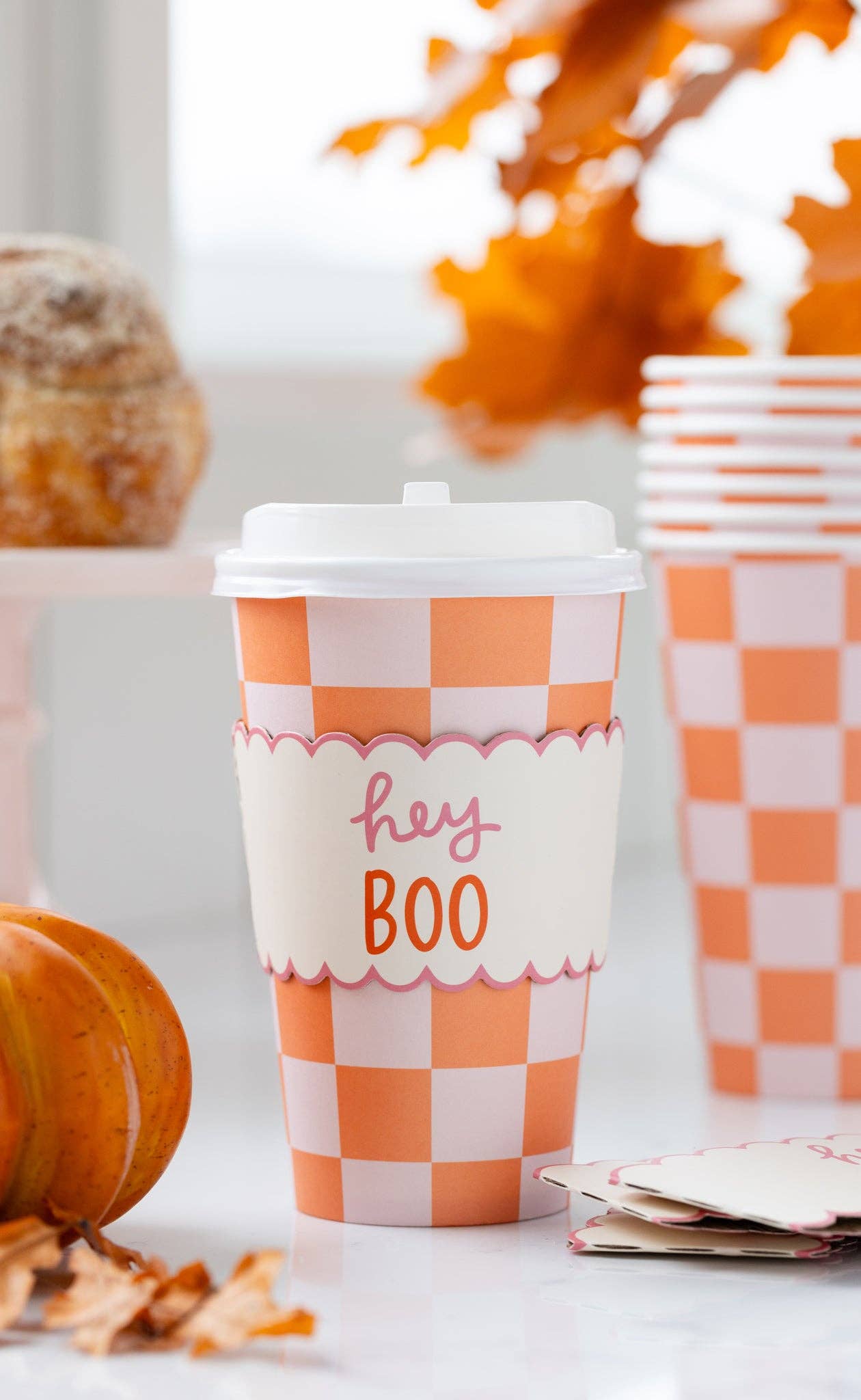 Pink & Orange Checks Halloween To - Go Cups - bubblegum market