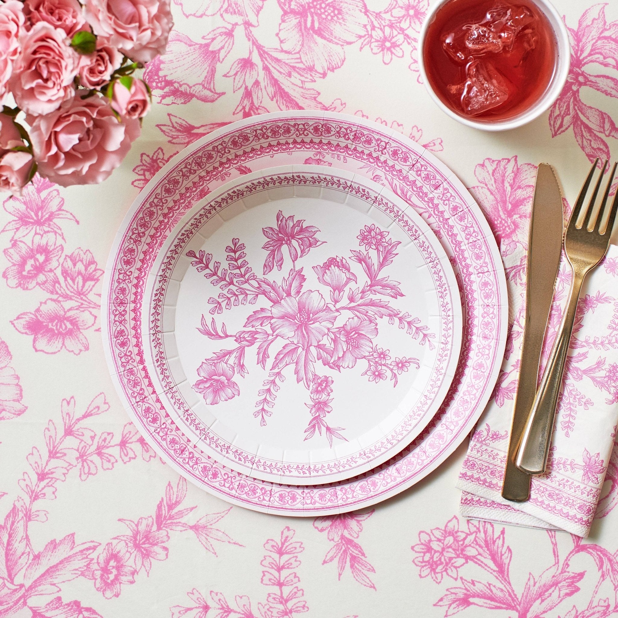 Pink Toile Paper Tablecloth - bubblegum market