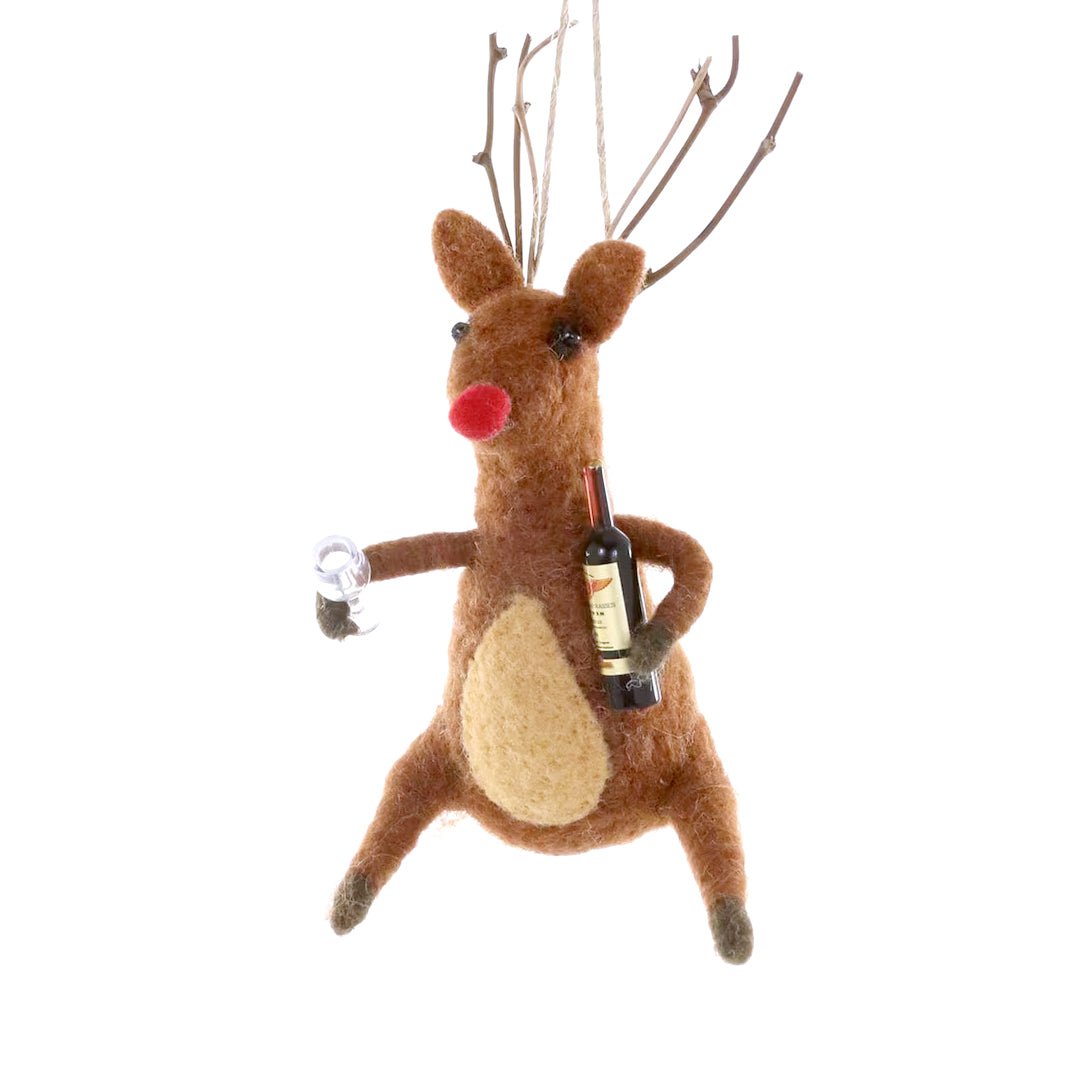 Reindeer w/ Wine Felt Ornament 6" - bubblegum market