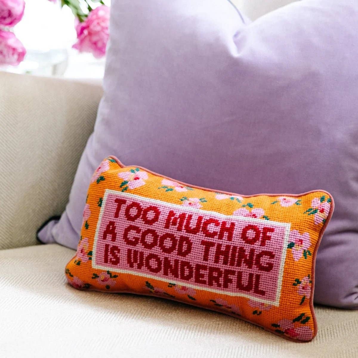 TOO MUCH Needlepoint Pillow - bubblegum market