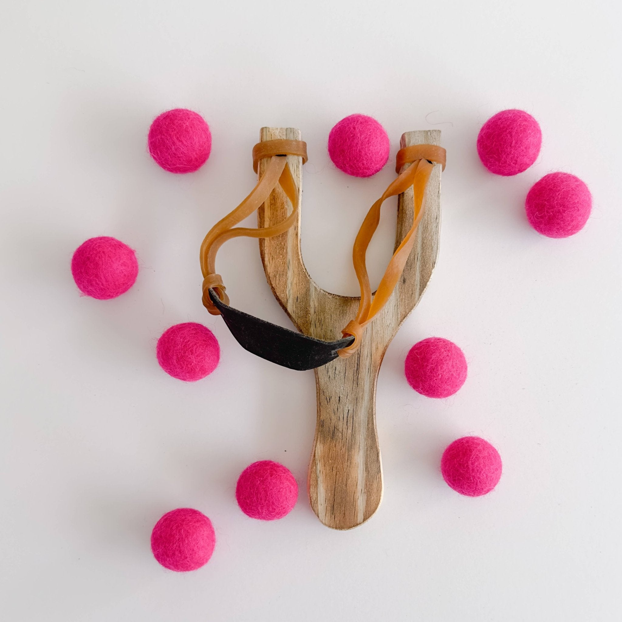 Wooden Slingshot + 10 Hot Pink Felt Balls - bubblegum market