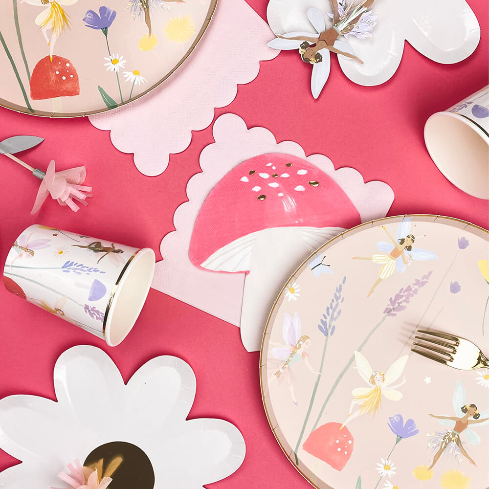 Meri-Meri-Party-Fairy-Birthday-Table-White-Daisy-Plates-Toadstool-Napkins-Pink-Flowers