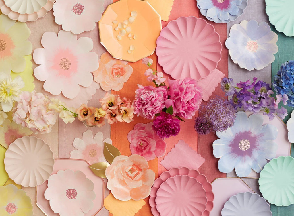 Front Page Meri Meri Floral Table Setting with Plates and Flowers in pastel colors such as pink, blue, mint, rose, peach and yellow