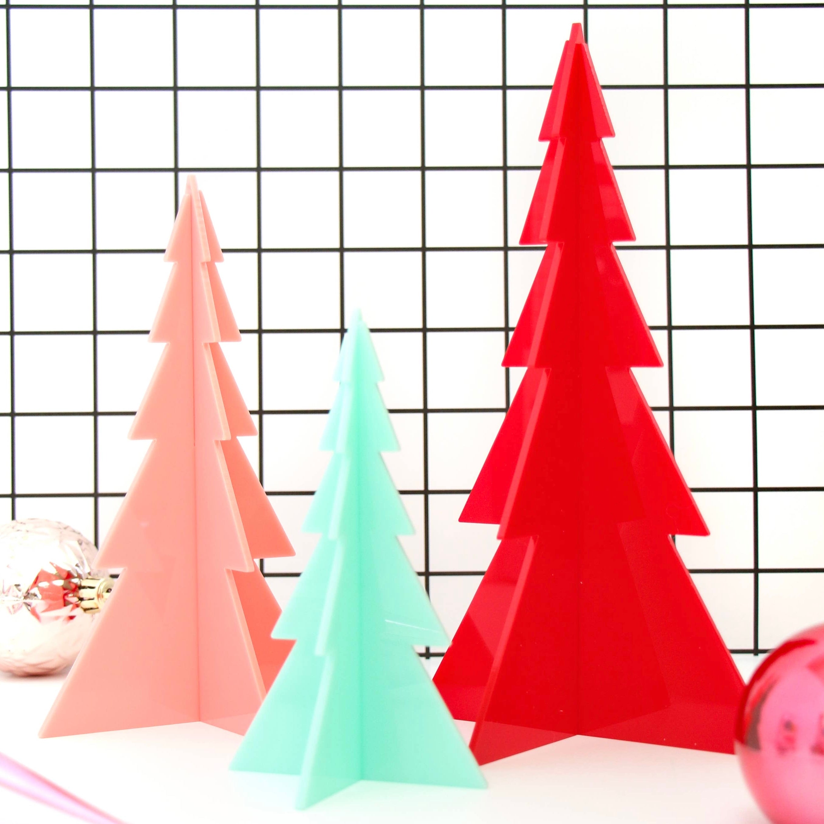 Red, Light Pink, and Mint Acrylic Christmas Trees Set