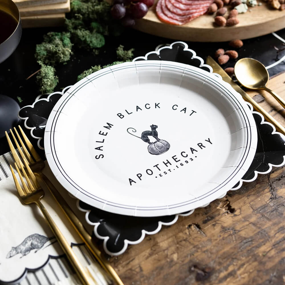 black-and-white-cream-salem-apothecary-halloween-cat-plates-styled