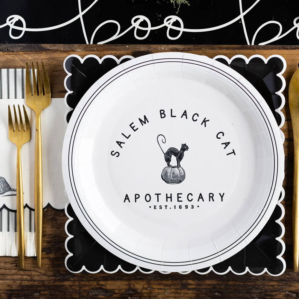 black-and-white-cream-salem-apothecary-halloween-cat-plates-table-setting