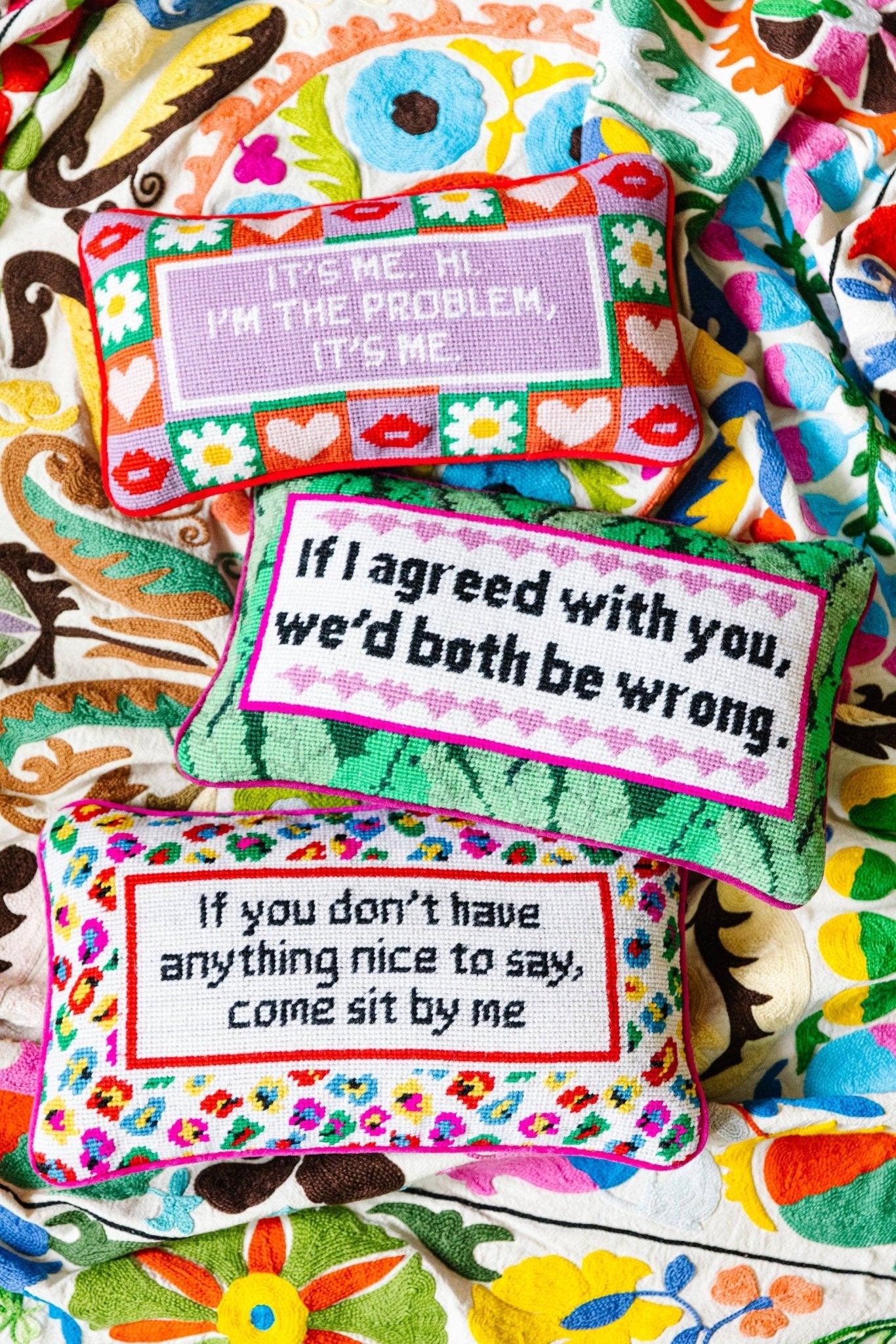 COME SIT BY ME Needlepoint Pillow - bubblegum market