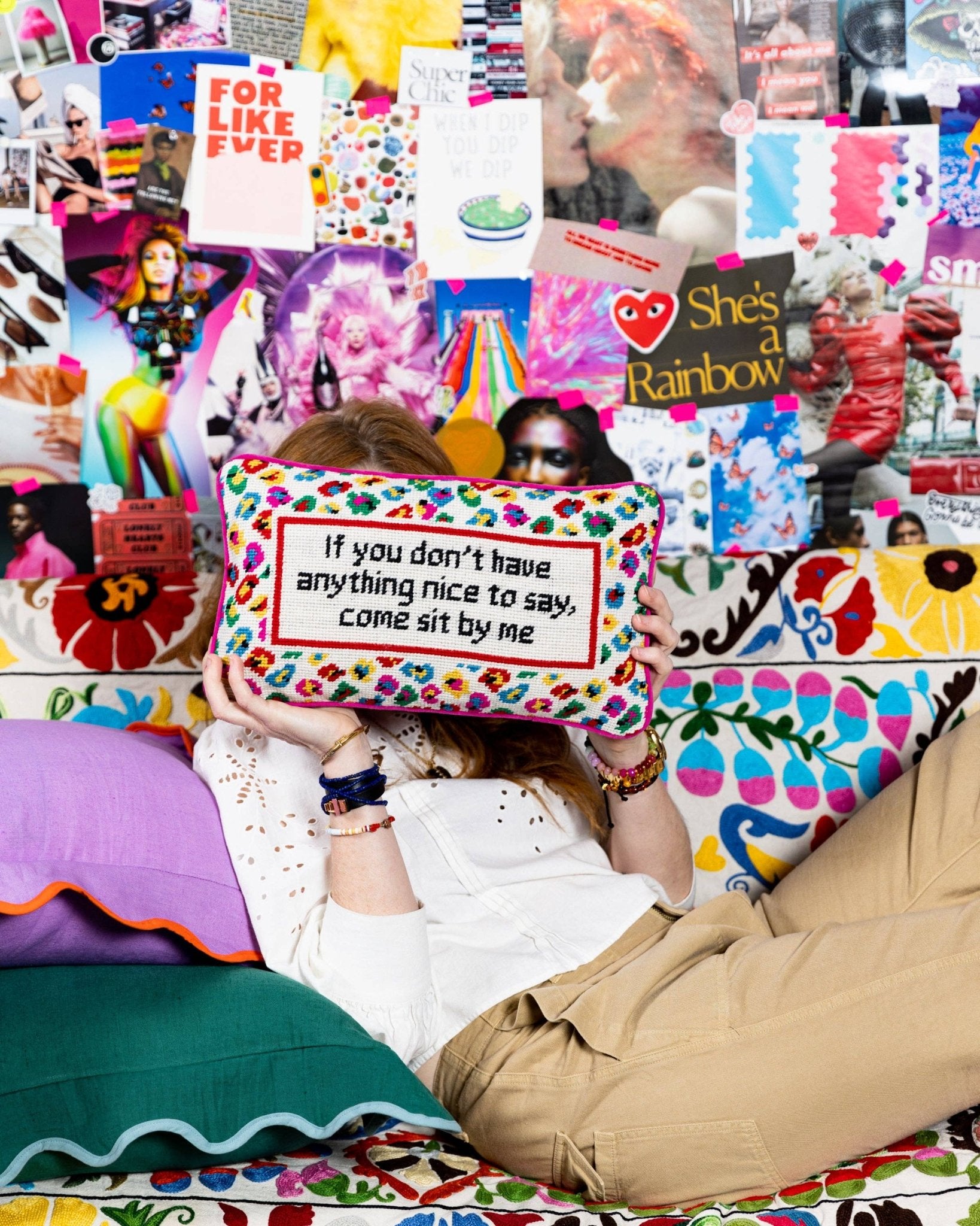 COME SIT BY ME Needlepoint Pillow - bubblegum market