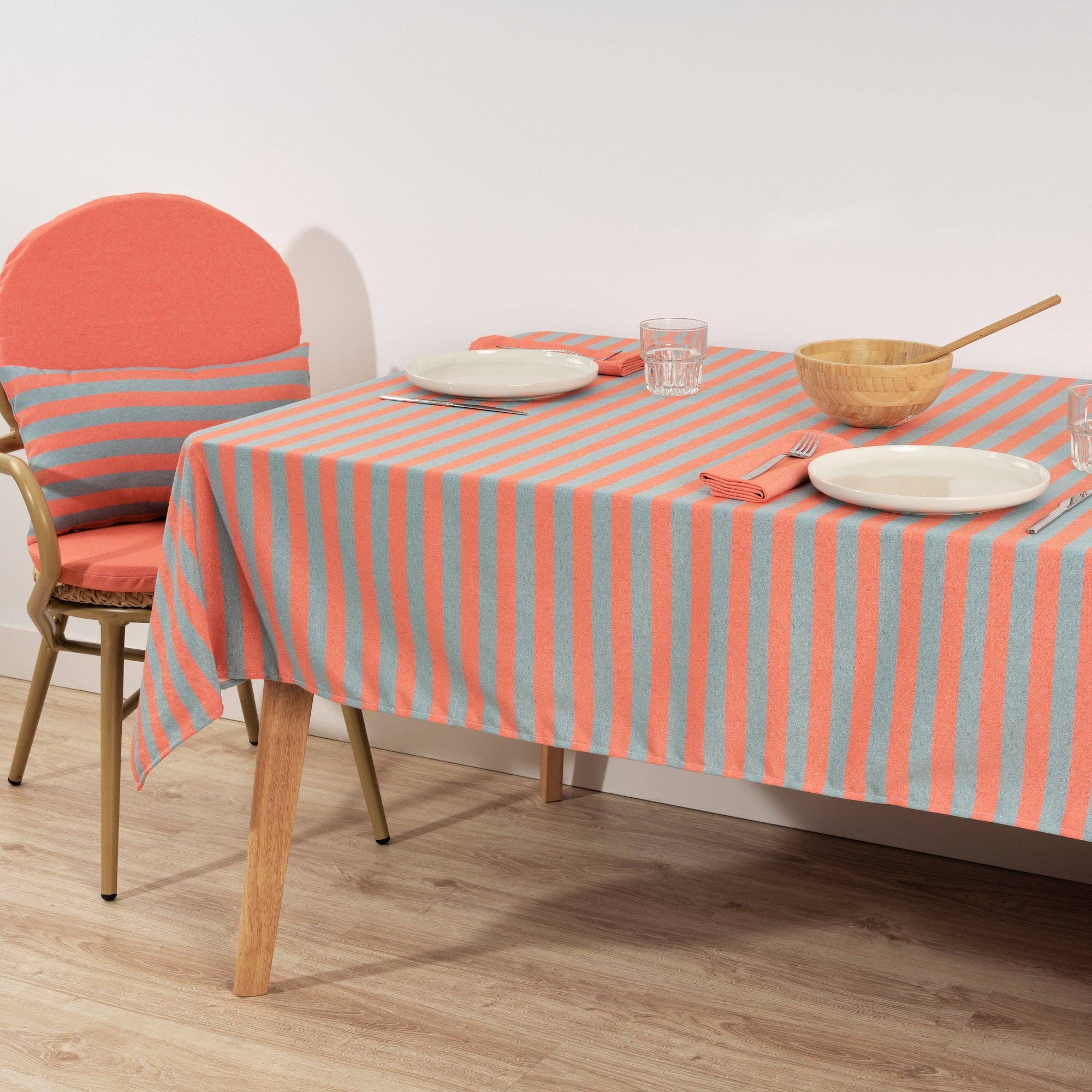 Coral / Slate Green Striped Tablecloth 118" - bubblegum market