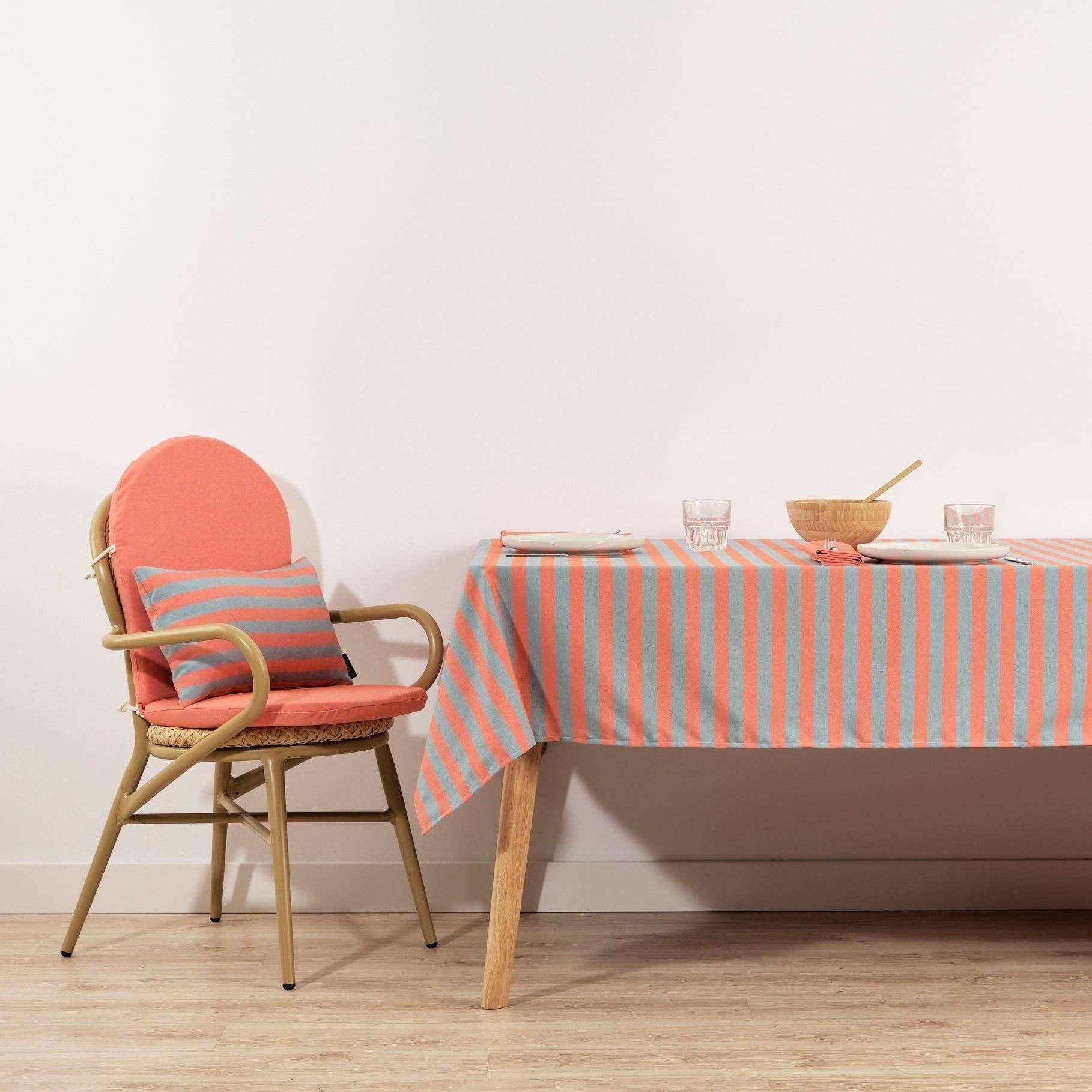 Coral / Slate Green Striped Tablecloth 63 x 78" - bubblegum market