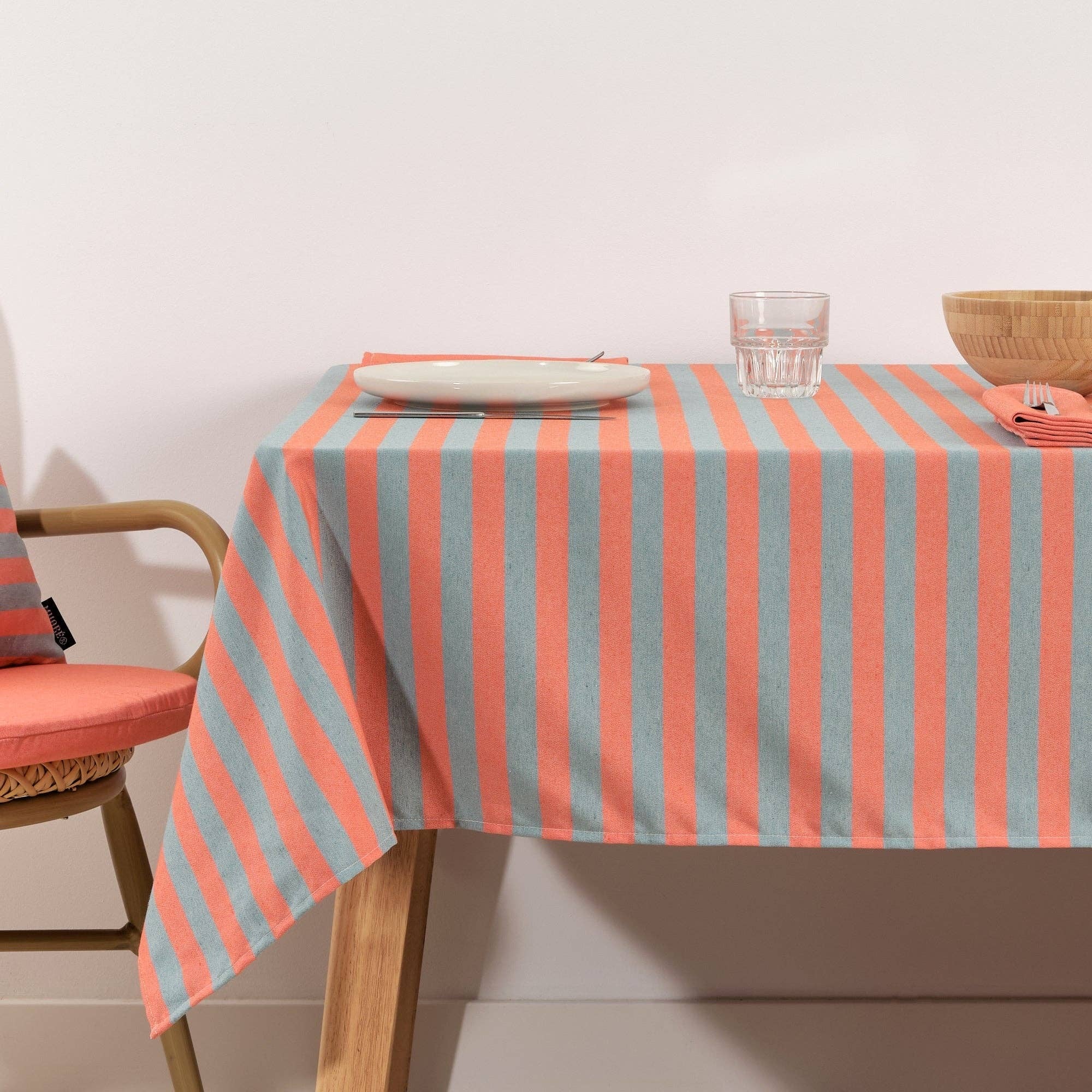 Coral / Slate Green Striped Tablecloth 63 x 78" - bubblegum market