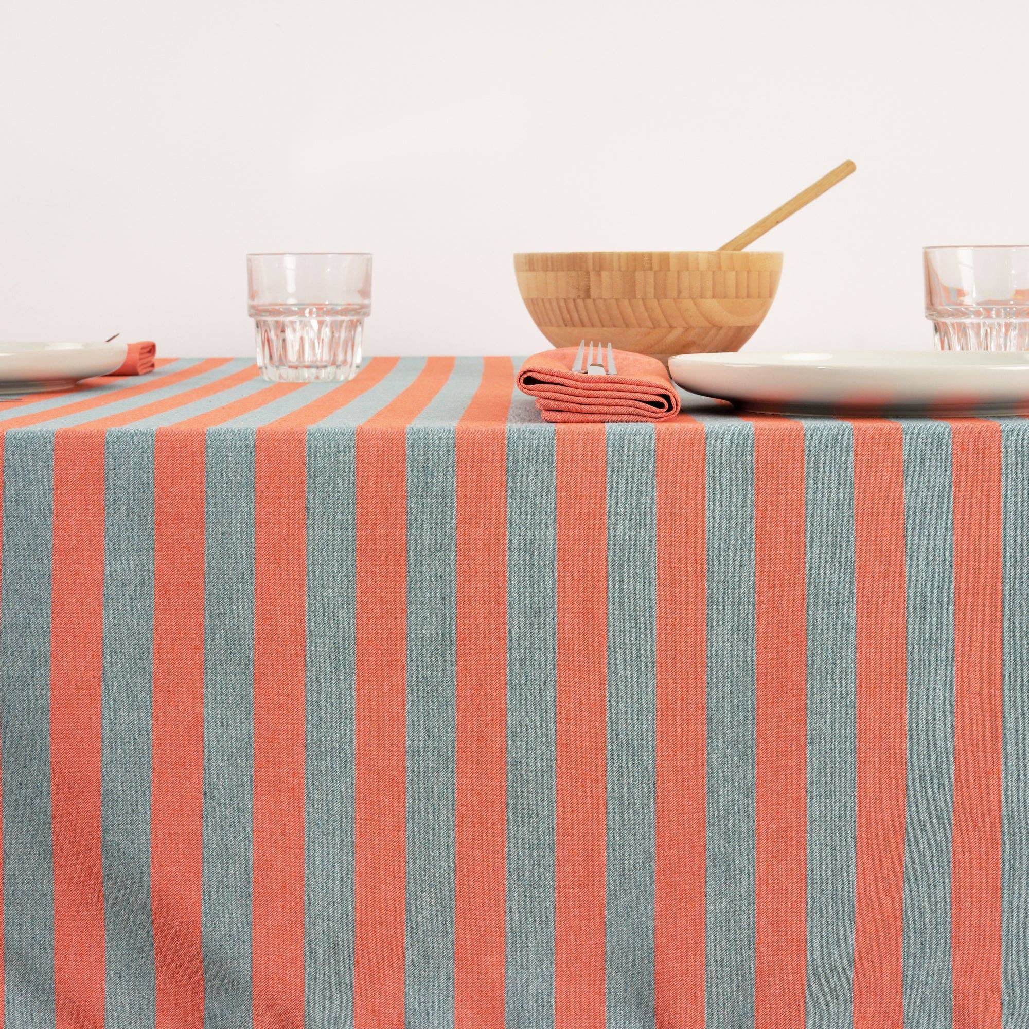 Coral / Slate Green Striped Tablecloth 98" - bubblegum market