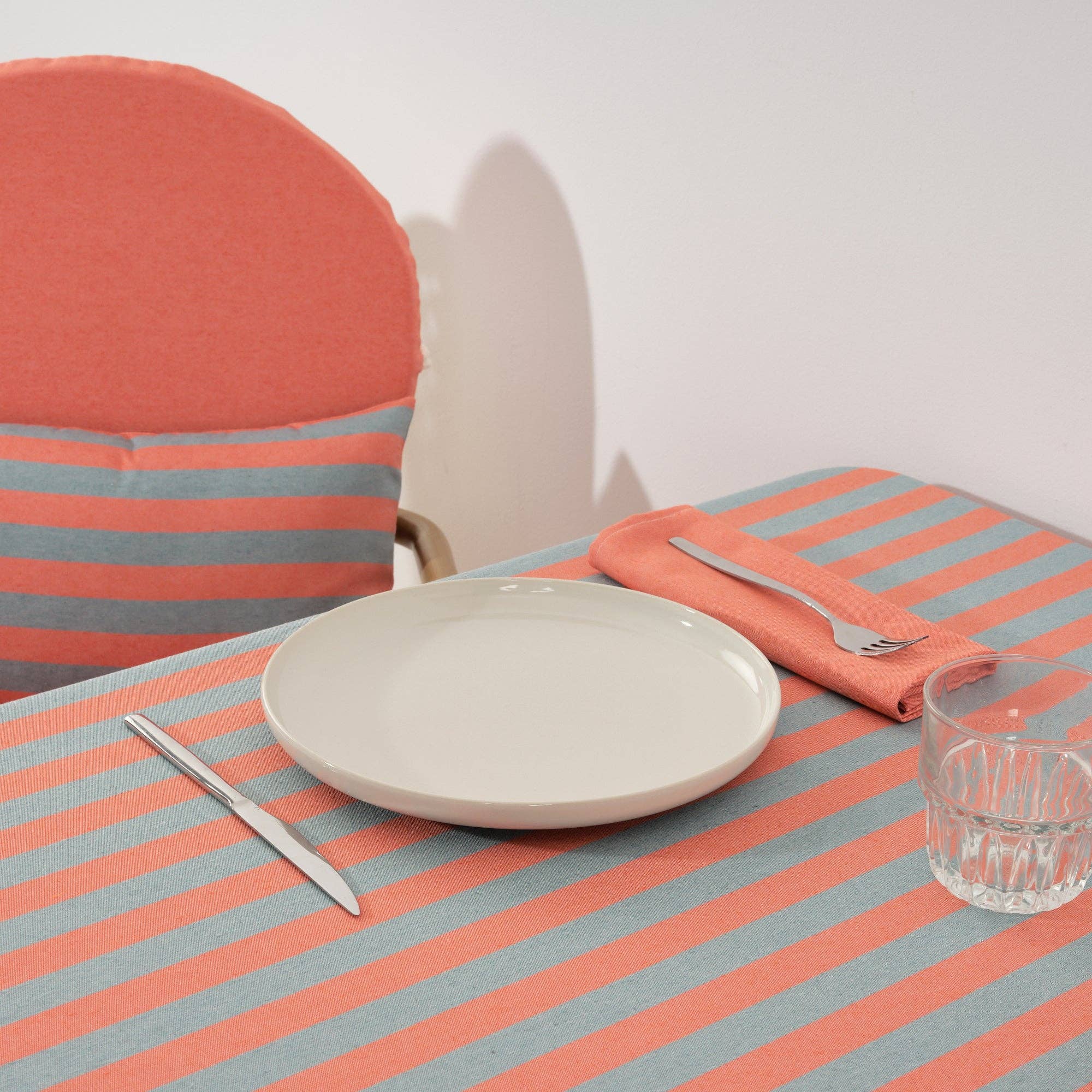 Coral / Slate Green Striped Tablecloth 98" - bubblegum market