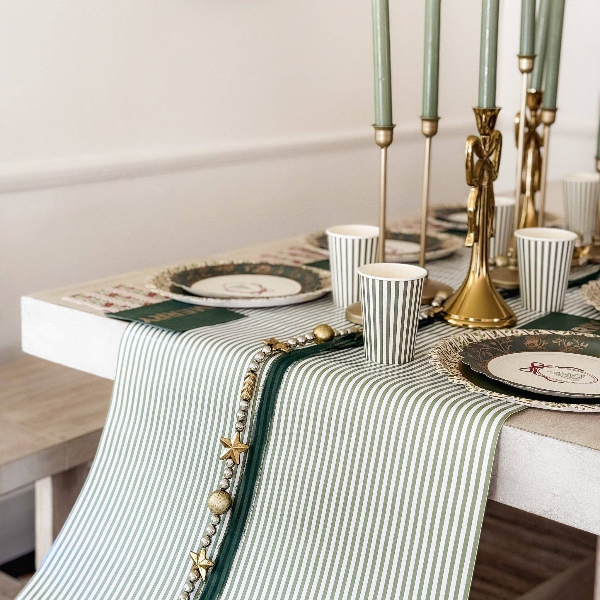 Green & White Candy Stripe Paper Table Runner - bubblegum market