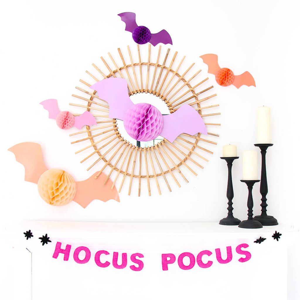 honeycomb-tissue-paper-halloween-bats-peach-purplr-lilac-coral-pink-styled