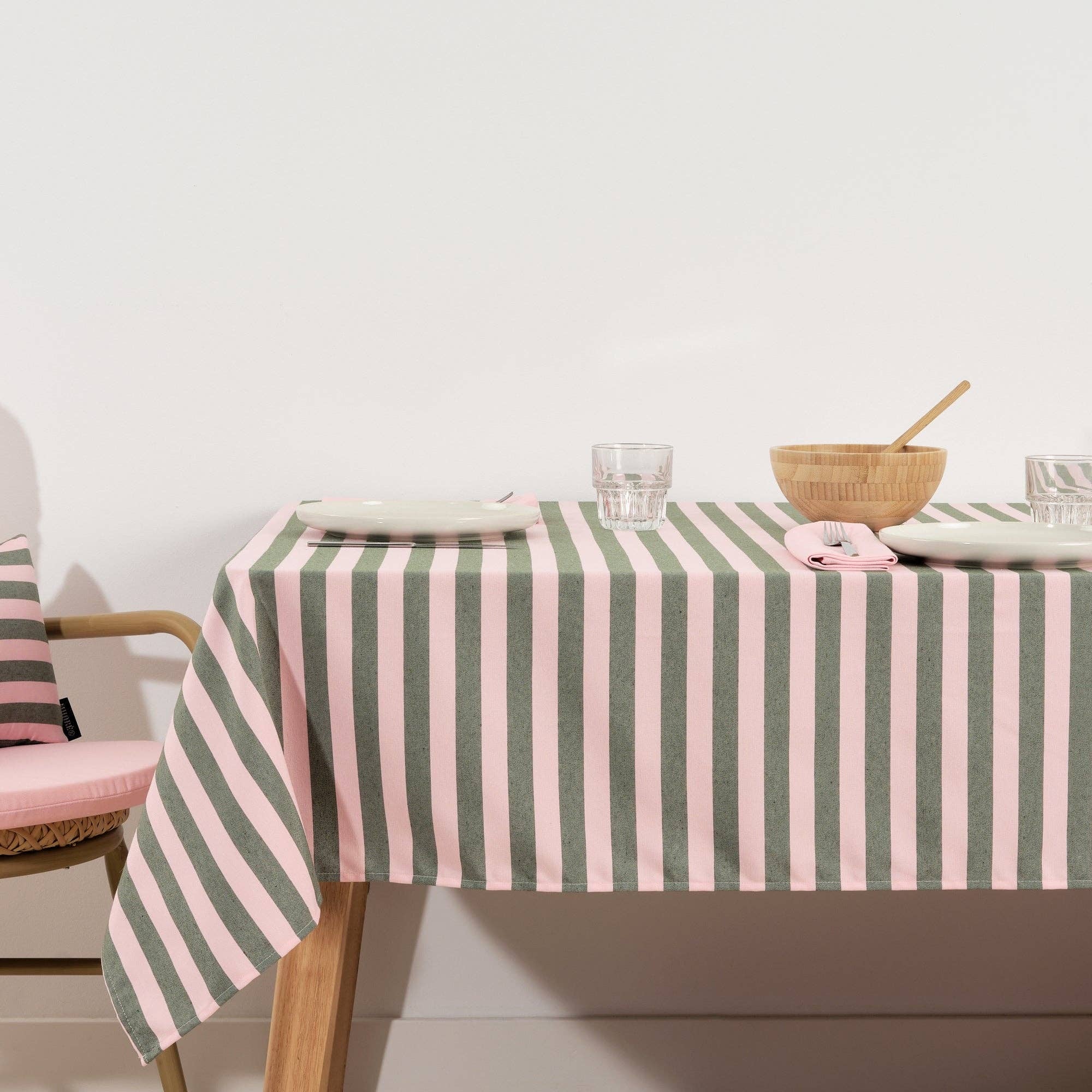 Light Pink / Dark Sage Green Striped Tablecloth 63 x 78" - bubblegum market