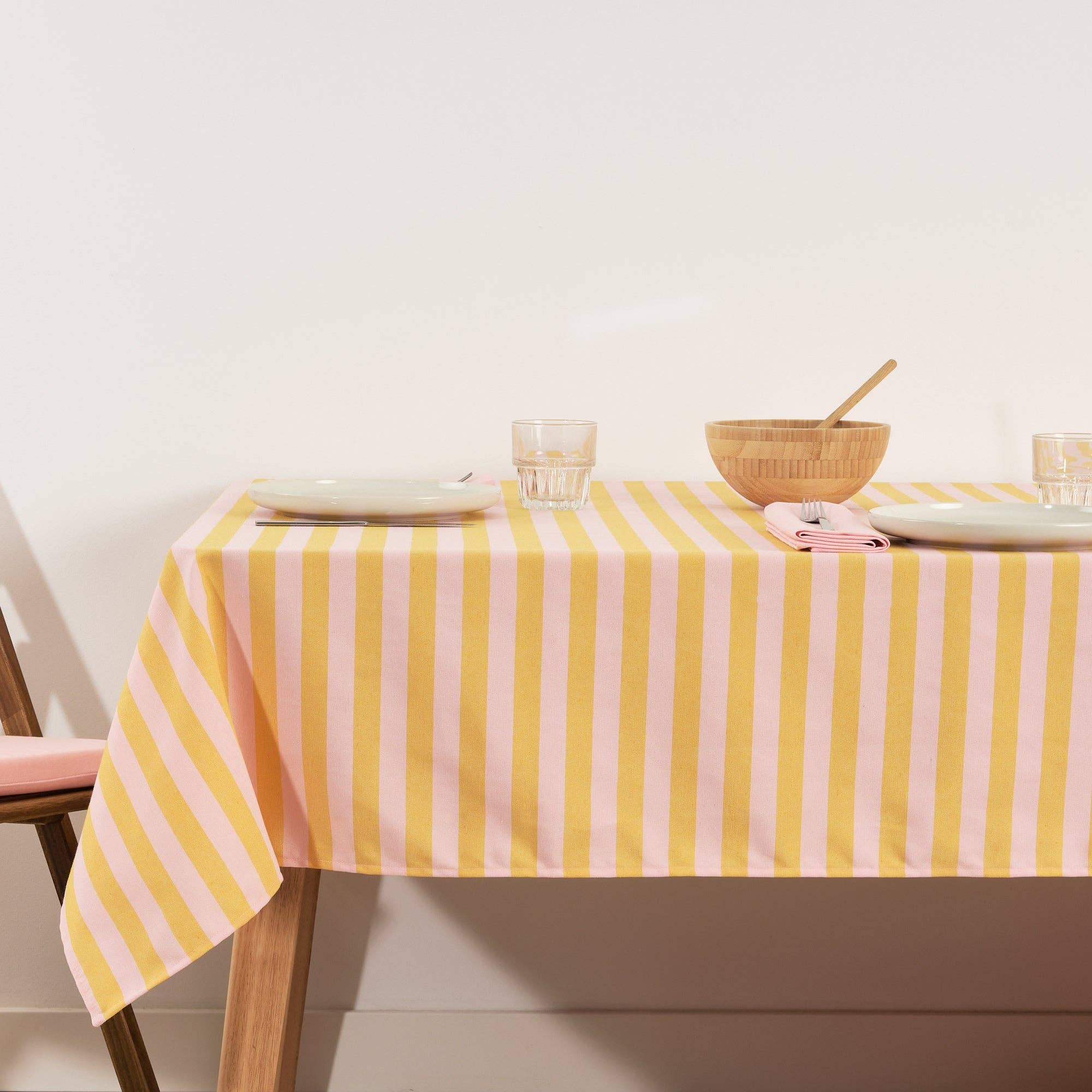 Light Pink / Flaxseed Striped Tablecloth 118" - bubblegum market