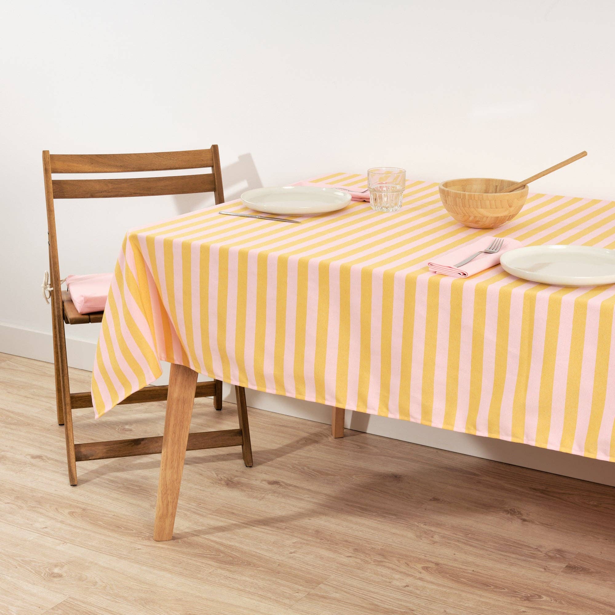 Light Pink / Flaxseed Striped Tablecloth 118" - bubblegum market