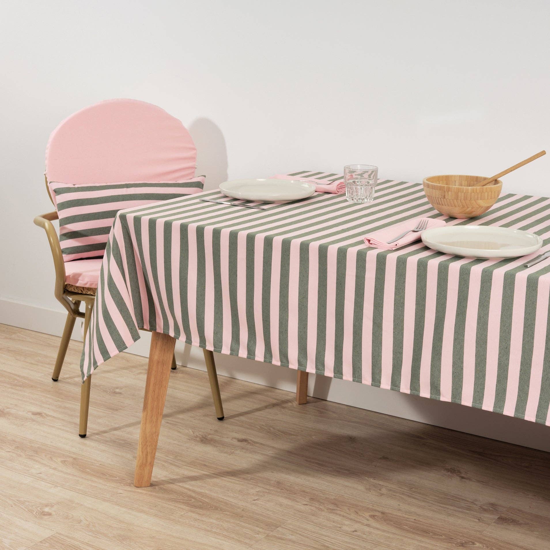 Light Pink / Sage Green Striped Tablecloth 98" - bubblegum market
