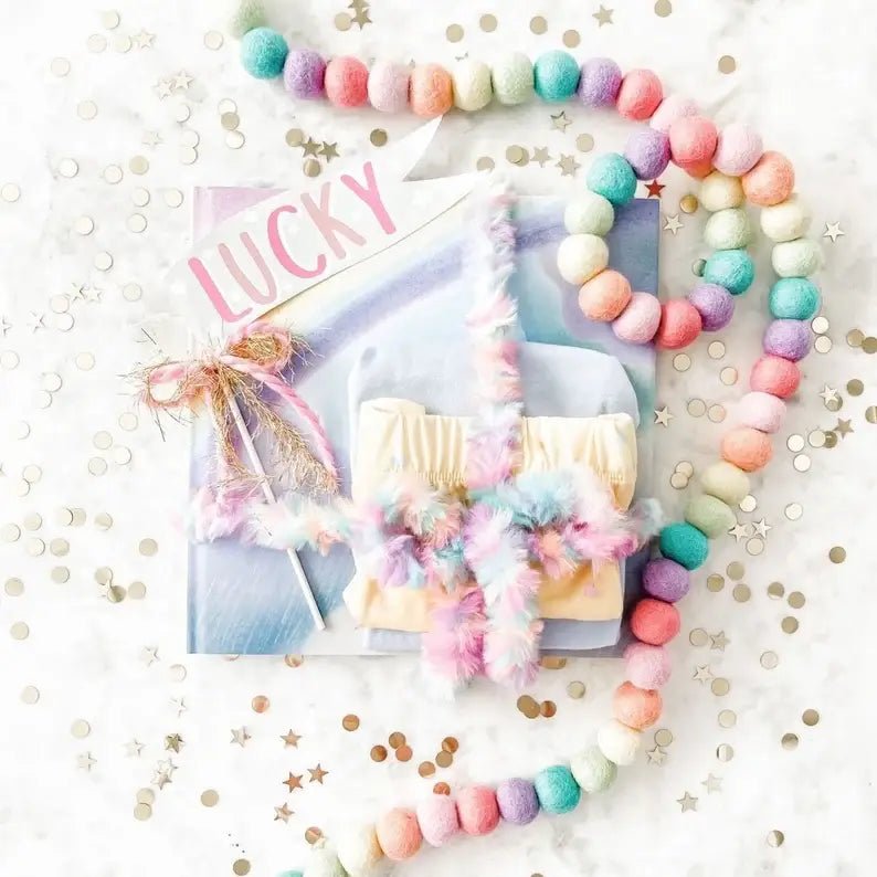 Lucky Charms Pastel Rainbow Felt Ball Garland - bubblegum market