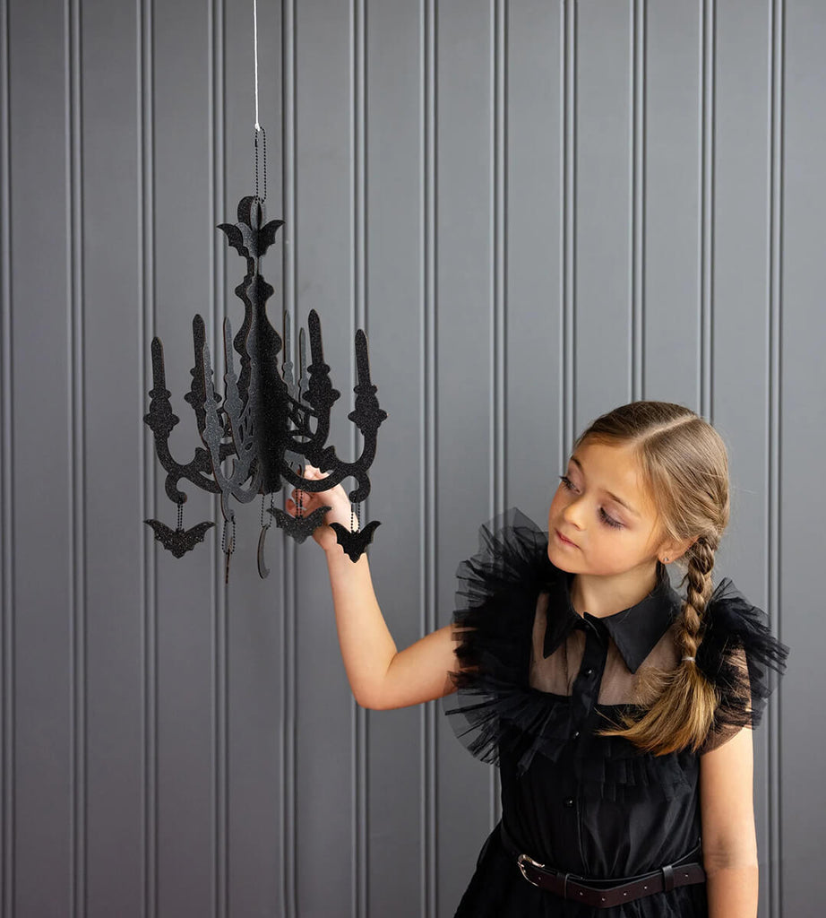 mystical-black-glittered-hanging-chandelier-halloween-wednesday-addams-party-my-minds-eye