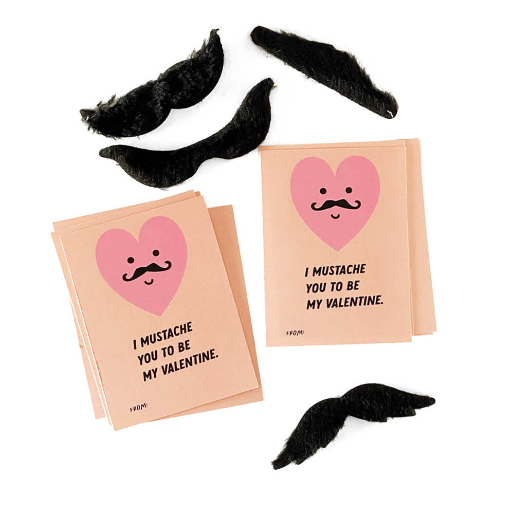Pink Heart Mustache Valentine Kit (12ct) - bubblegum market