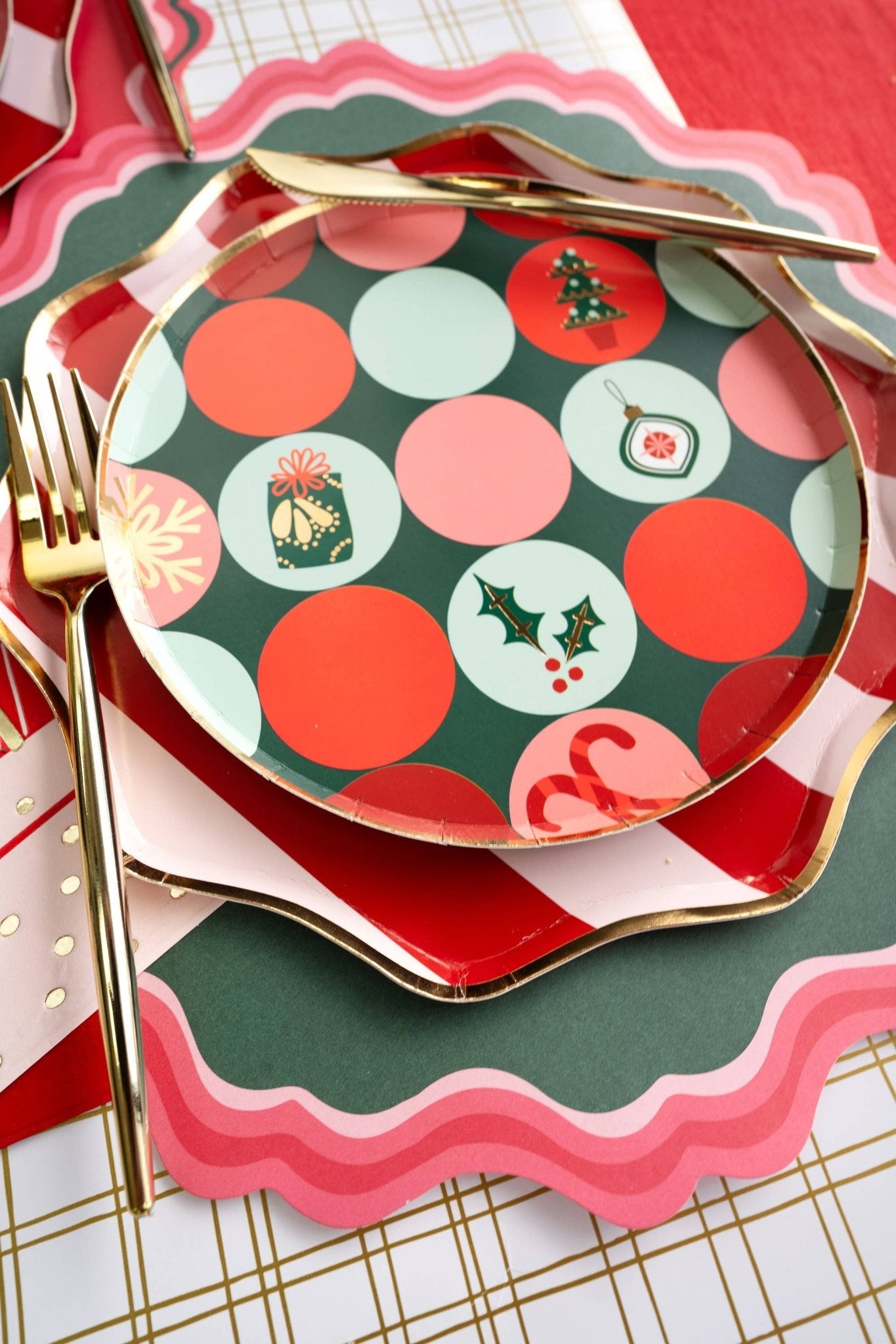 Red & Pink Holiday Stripes Paper Dinner Plates 10.5" - bubblegum market