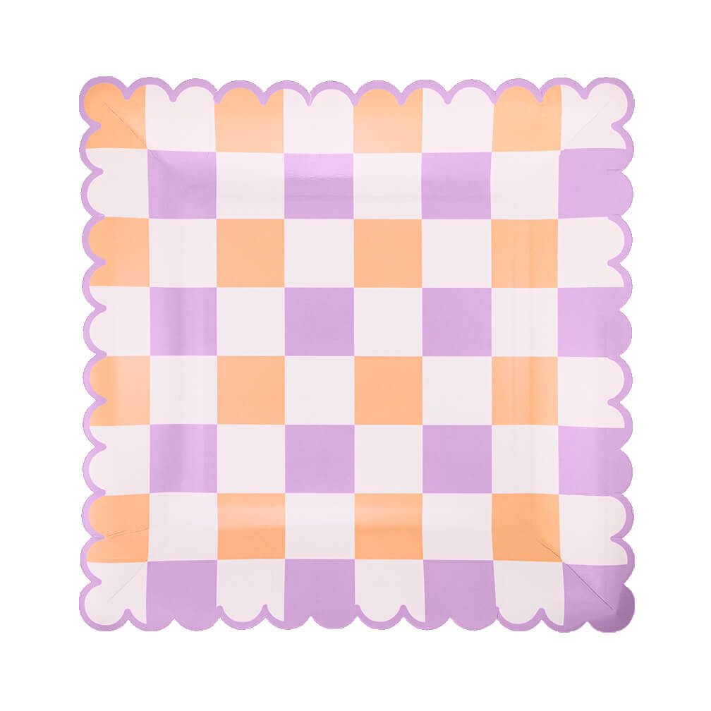 retro-spring-check-paper-plates-lilac-lavender-purple-coral-peach