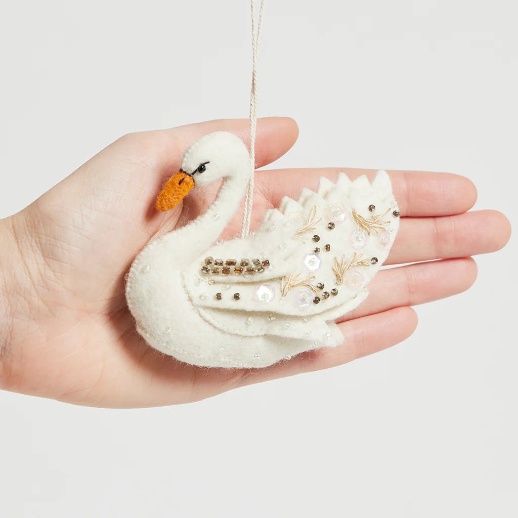 Shimmer Beaded Swan Felt Ornament 3.5" - bubblegum market