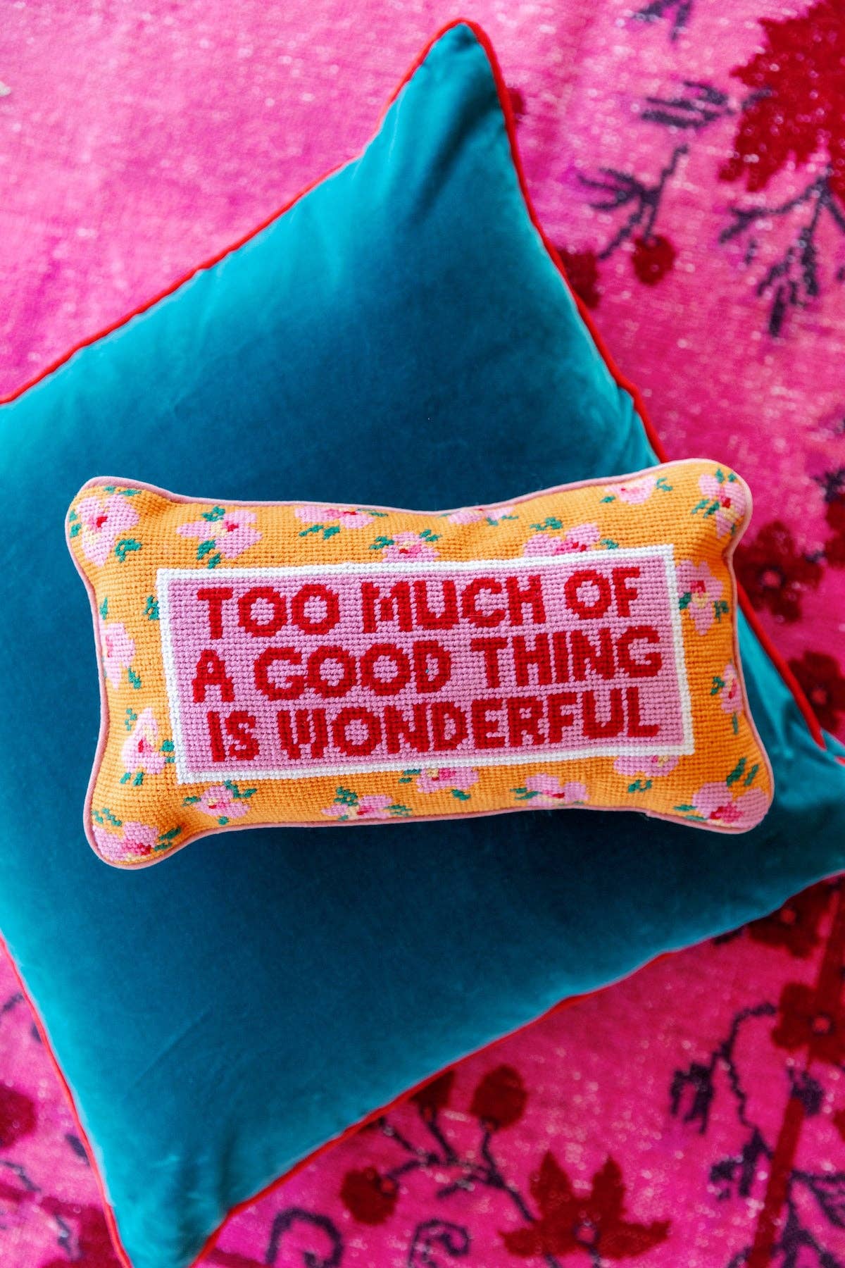 TOO MUCH Needlepoint Pillow - bubblegum market