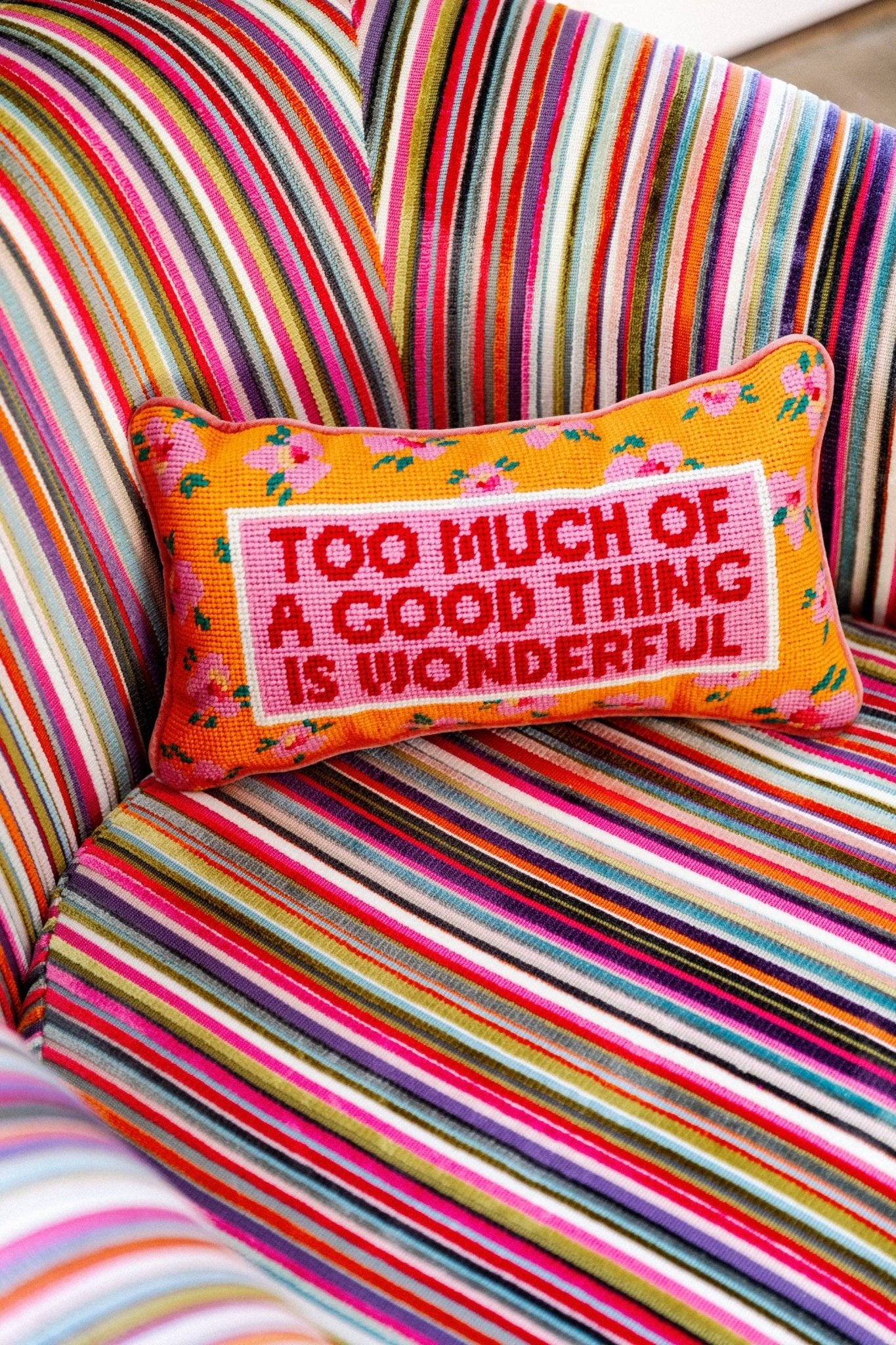TOO MUCH Needlepoint Pillow - bubblegum market