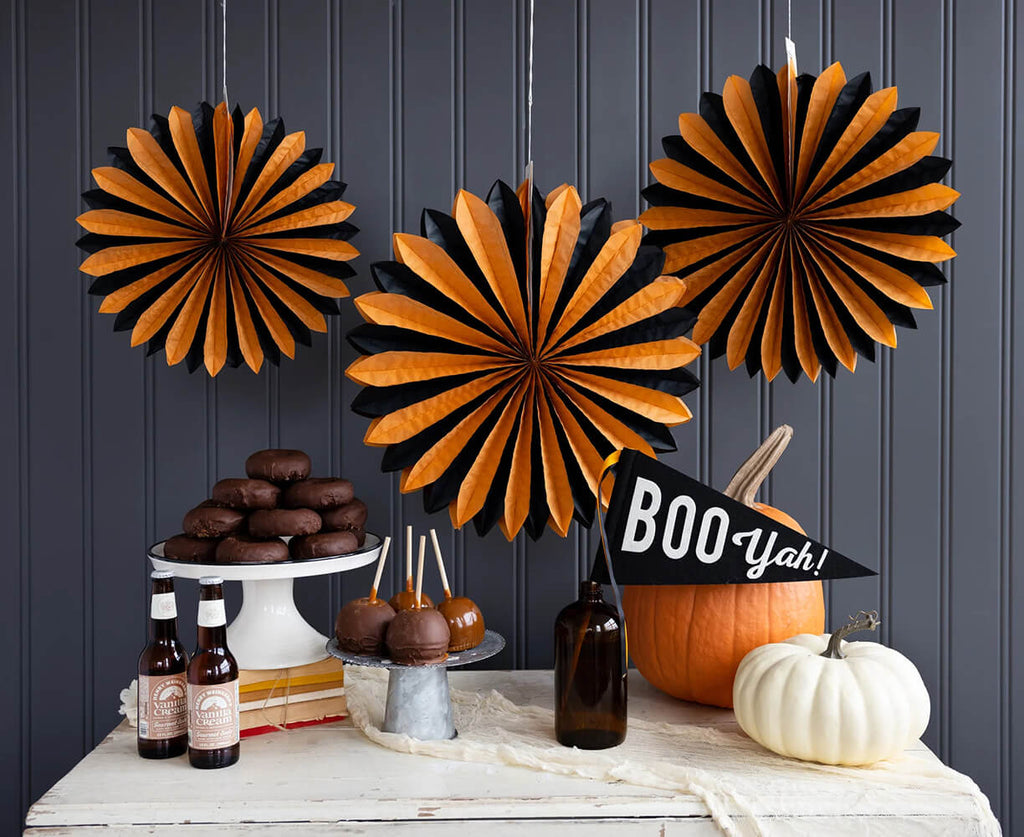 vintage-halloween-black-and-orange-oversized-tissue-paper-fans-decorative-honeycomb-fan-styled-my-minds-eye