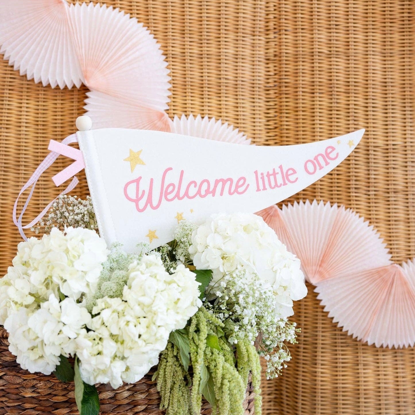 Welcome Little One Pink Pennant Flag - bubblegum market