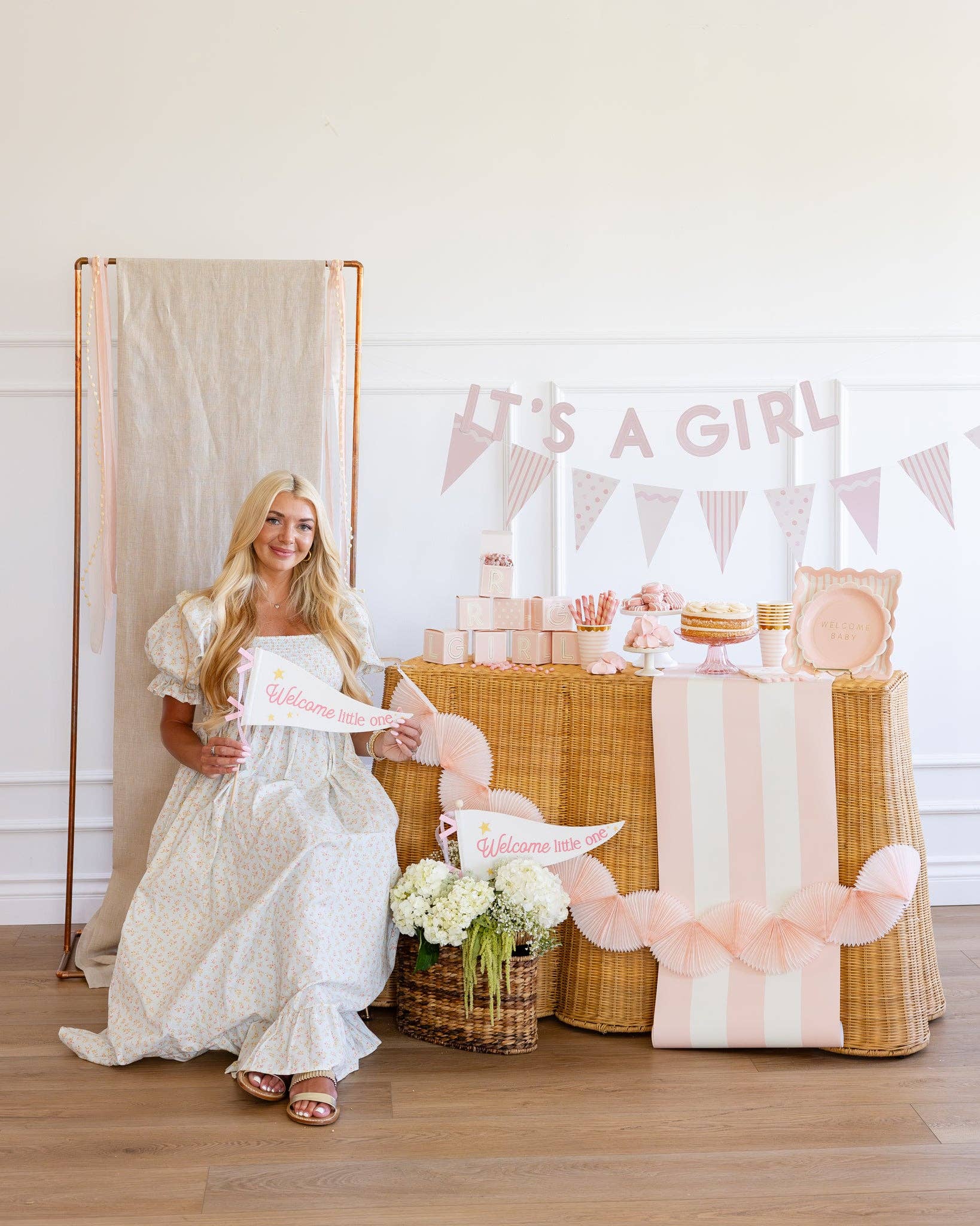 Welcome Little One Pink Pennant Flag - bubblegum market