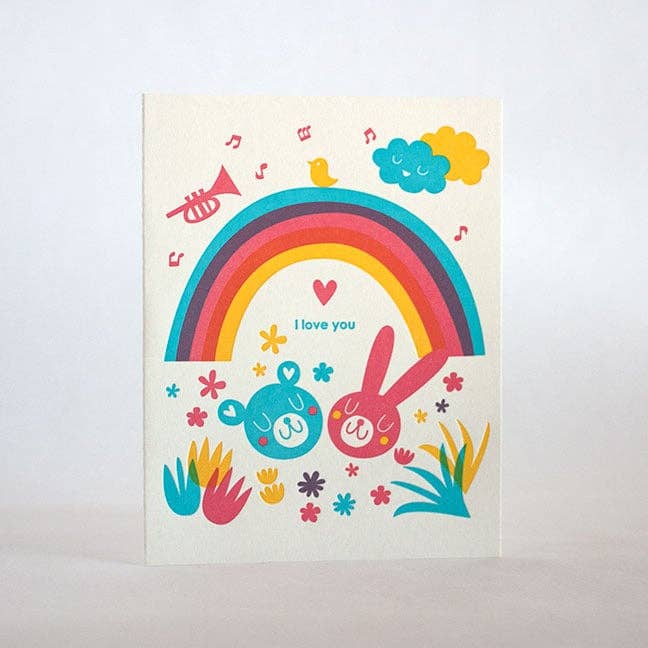 I Love You Bear Bunny Rainbow Card