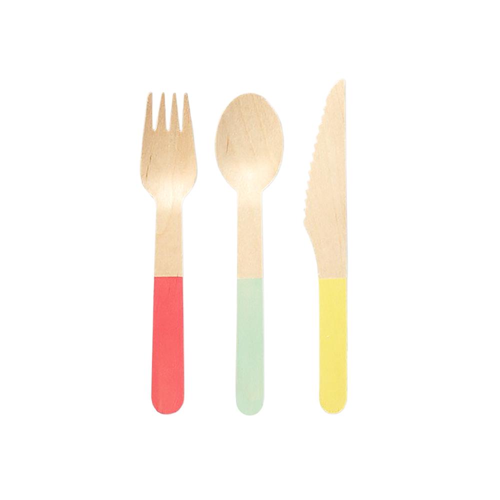 Coterie-Party-Tri-Multi-Colored-Wooden-Cutlery-Fork-Spoon-Knife-Set