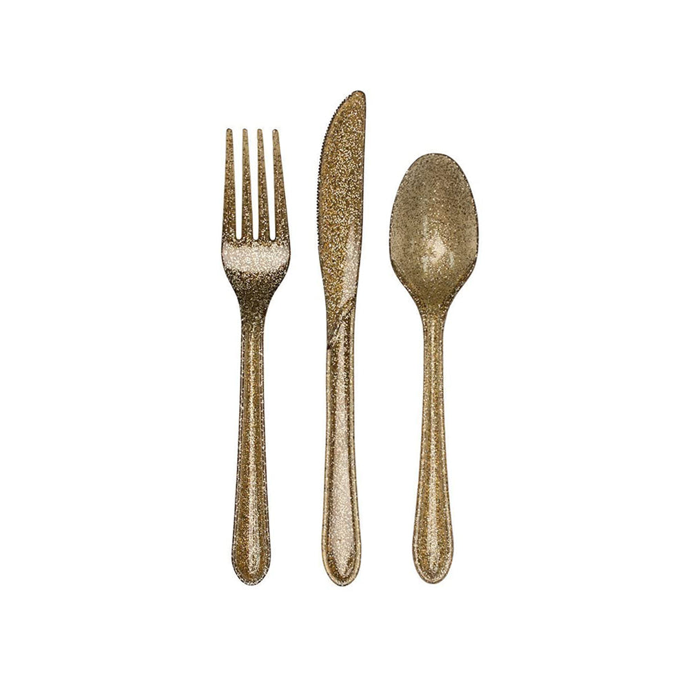 Translucent Gold Glitter Plastic Cutlery Set 24ct