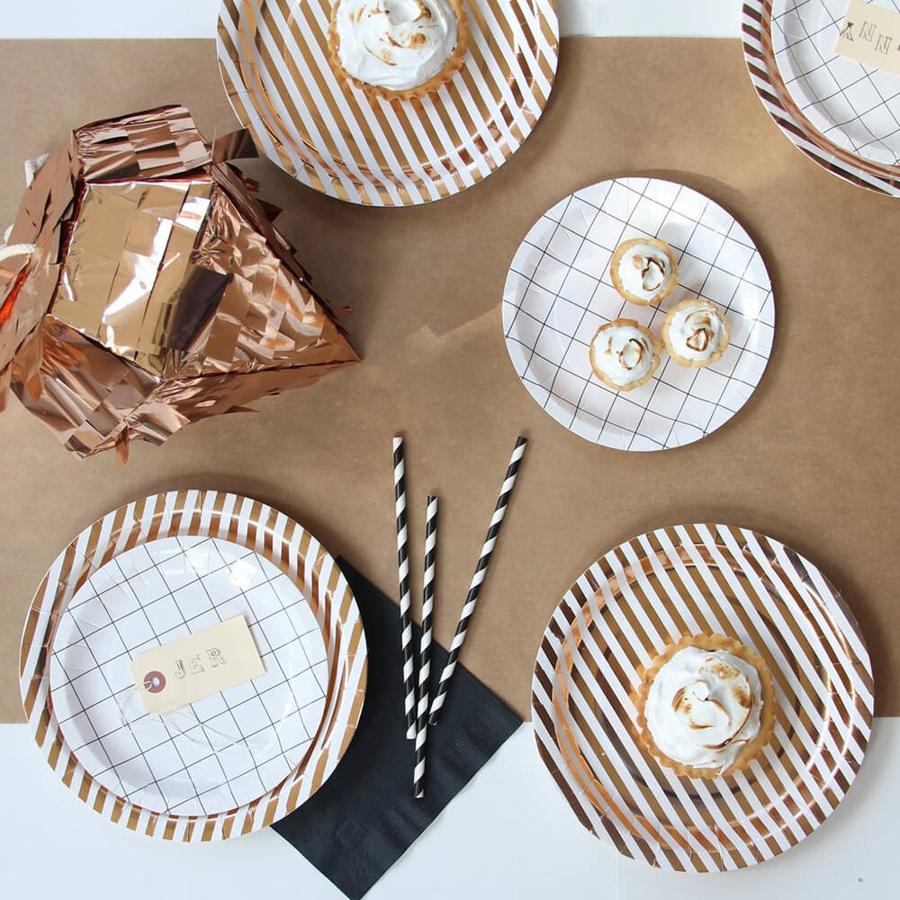 bash-party-goods-copper-stripe-luxe-paper-plates-styled-with-black-and-white-grid-side-plates