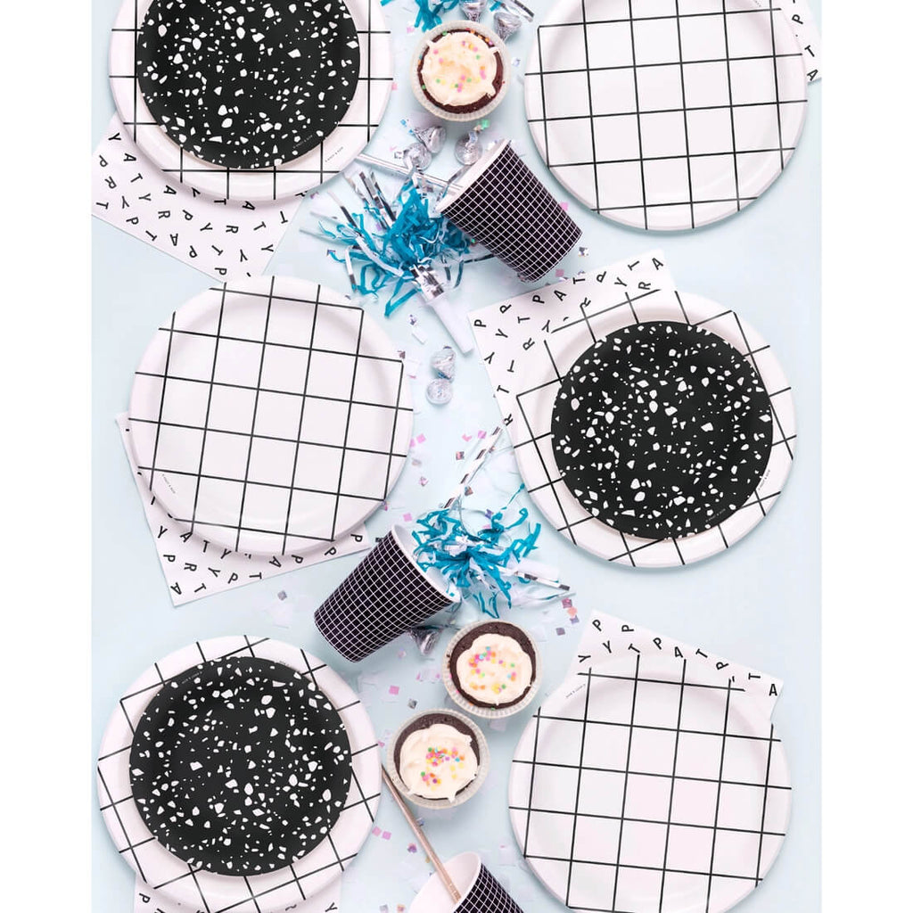 black-white-party-scramble-party-napkins-grid-plates-cups-styled