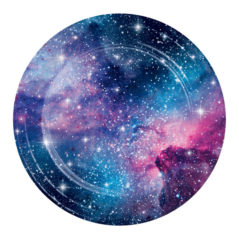 Outer-space galaxy party paper dinner plates. Twinkling stars on a dreamy background of midnight blue, pink and purple. 