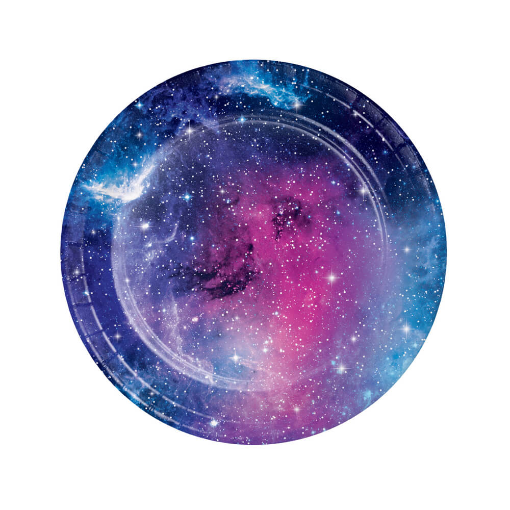 Outer Space Galaxy Party paper plates featuring an array of twinkling stars on a navy blue, pink and purple background.
